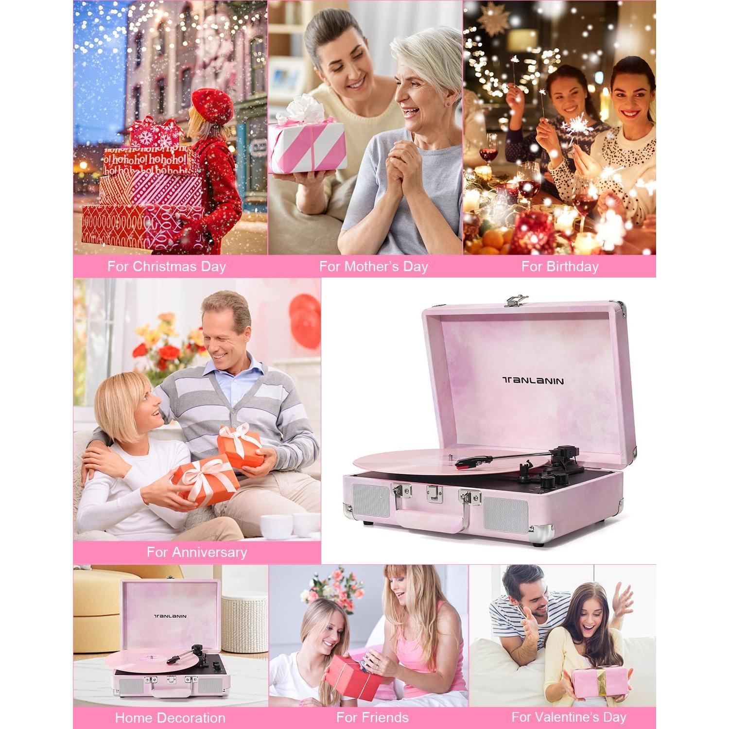 Reproductor de Vinilo TANLANIN TE-001DPW Rosa Acuarela Bluetooth