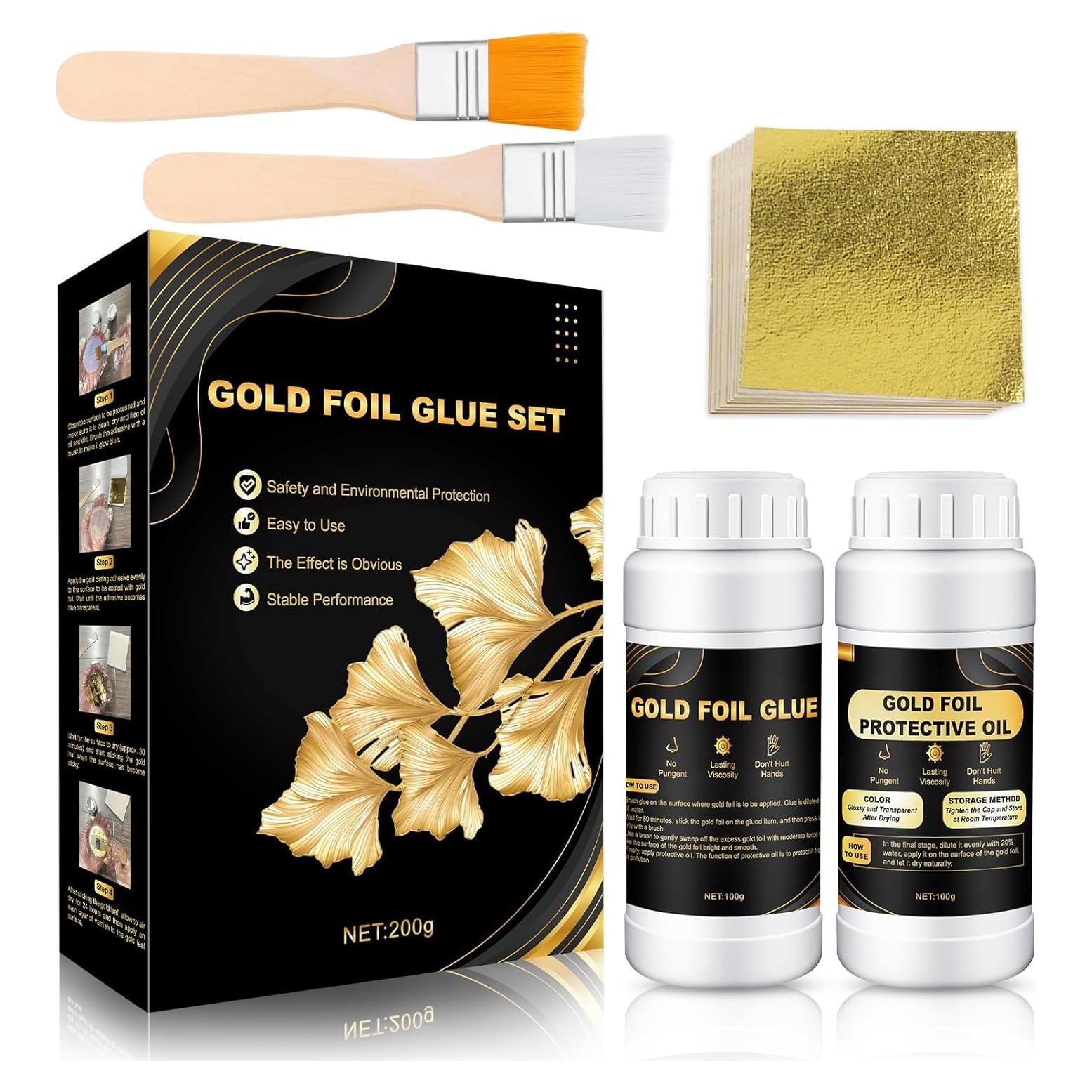 Ganbaro Adhesivo de Hoja de Oro 100ml + Barniz 100ml + 100 Piezas