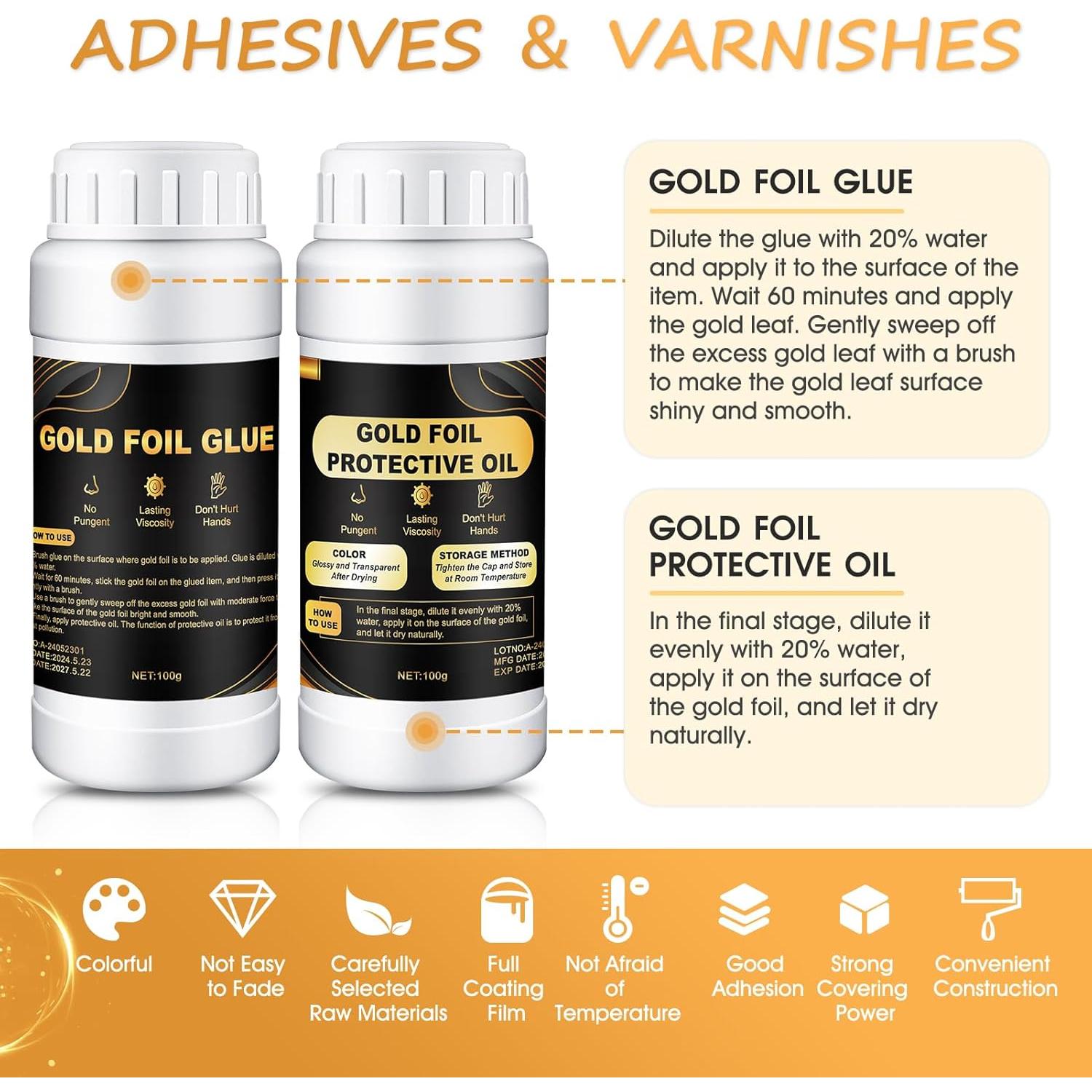 Ganbaro Adhesivo de Hoja de Oro 100ml + Barniz 100ml + 100 Piezas