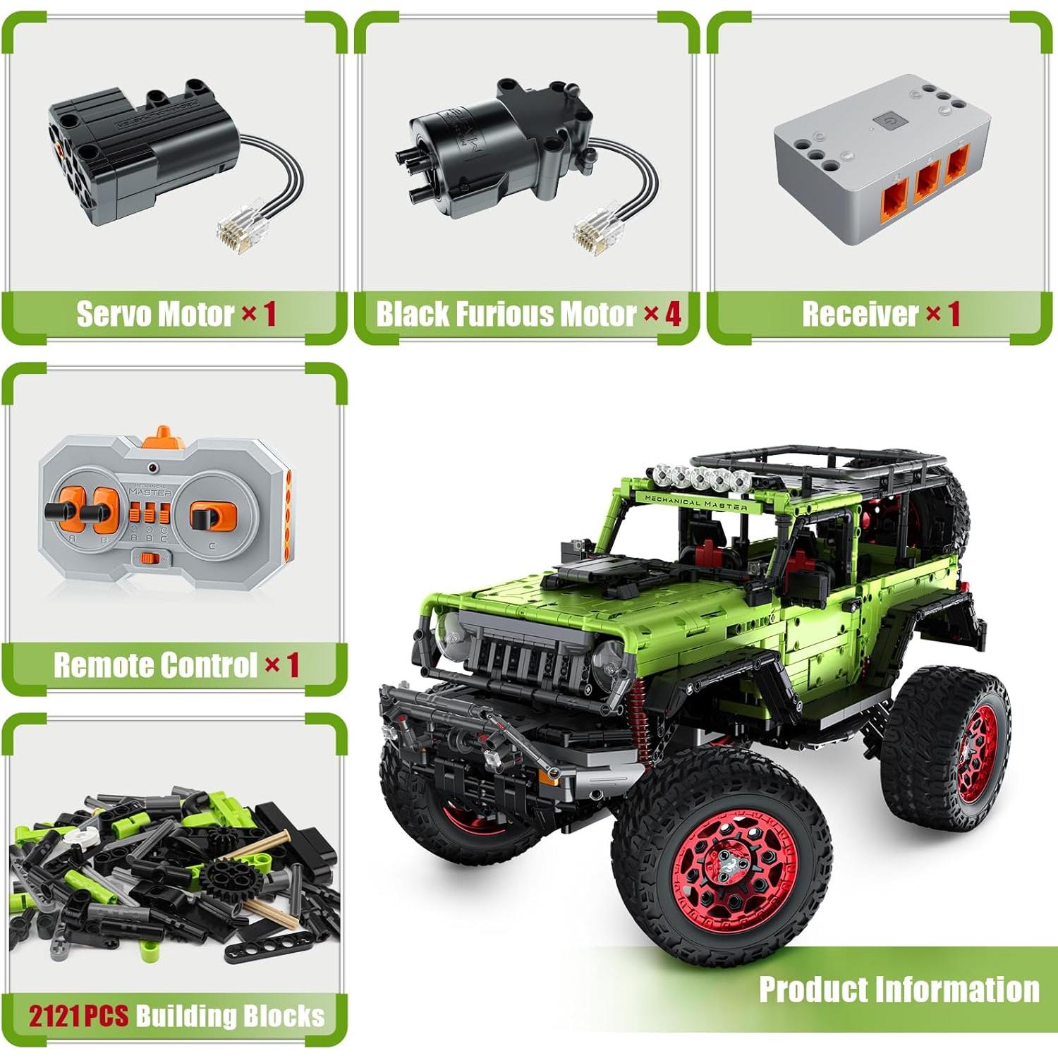 Remote Control Jeep Wrange 4x4 Building Kits, 1:6 Technique Motorized Off Road Pickup Set - with 4 Black Motors, All Terrain Design - STEM Engineering Gift for Adults & Teens (2121 PCS)