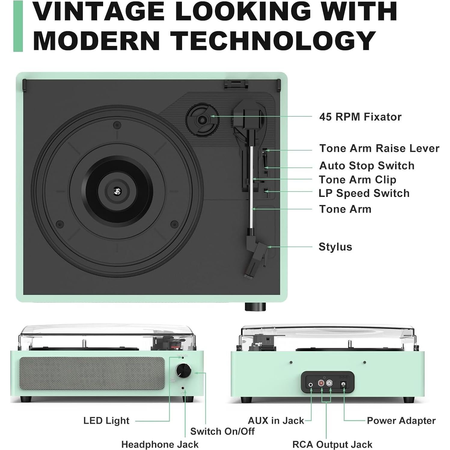 Reproductor de Vinilo Seasonlife R608 3 Velocidades Bluetooth Verde