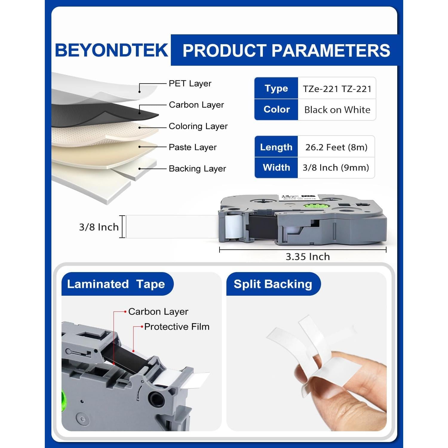 Cinta de Etiquetas Laminada 9mm BEYONDTEK TZE221 Blanca - Paquete de 6