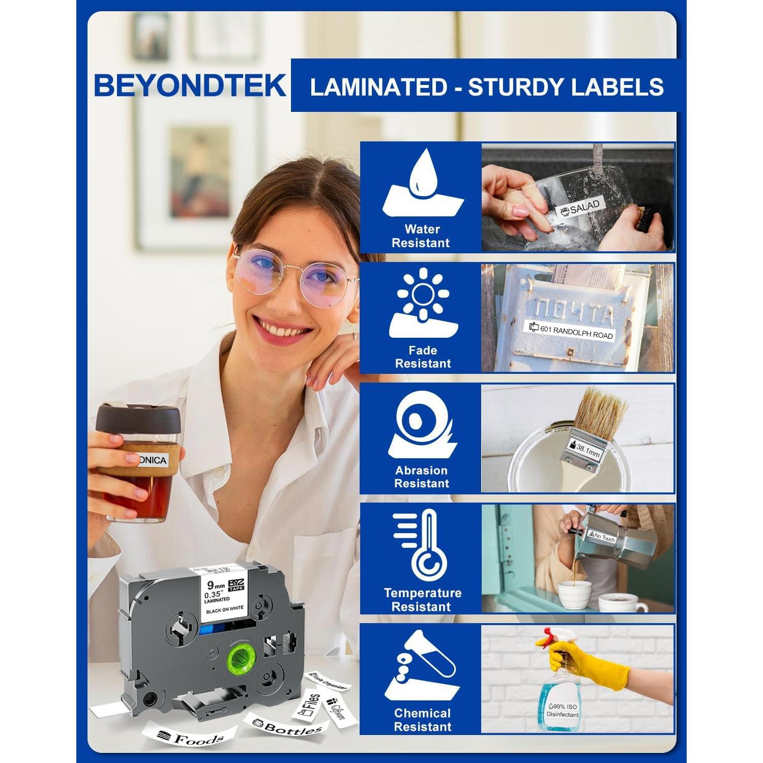 Cinta de Etiquetas Laminada 9mm BEYONDTEK TZE221 Blanca - Paquete de 6