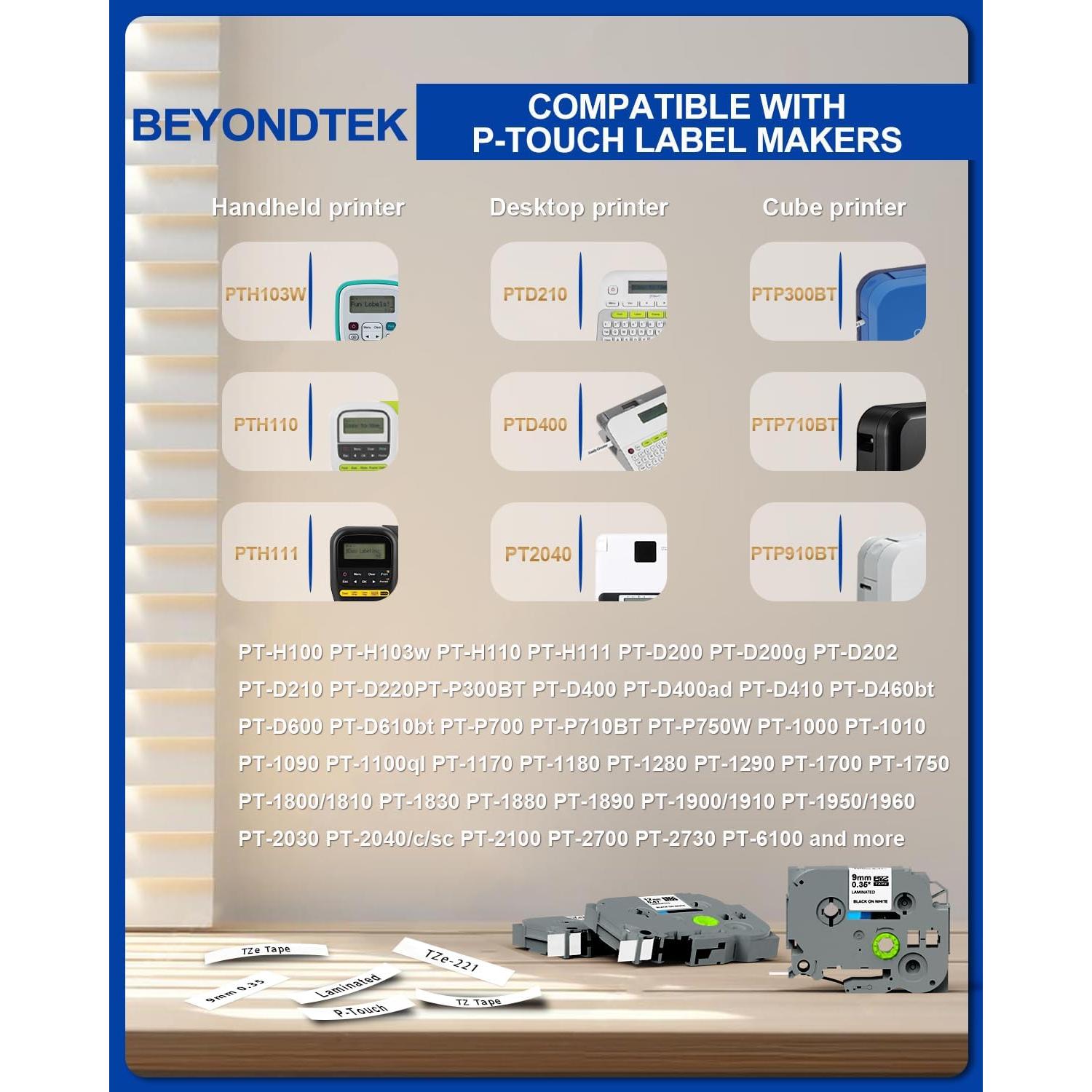 Cinta de Etiquetas Laminada 9mm BEYONDTEK TZE221 Blanca - Paquete de 6