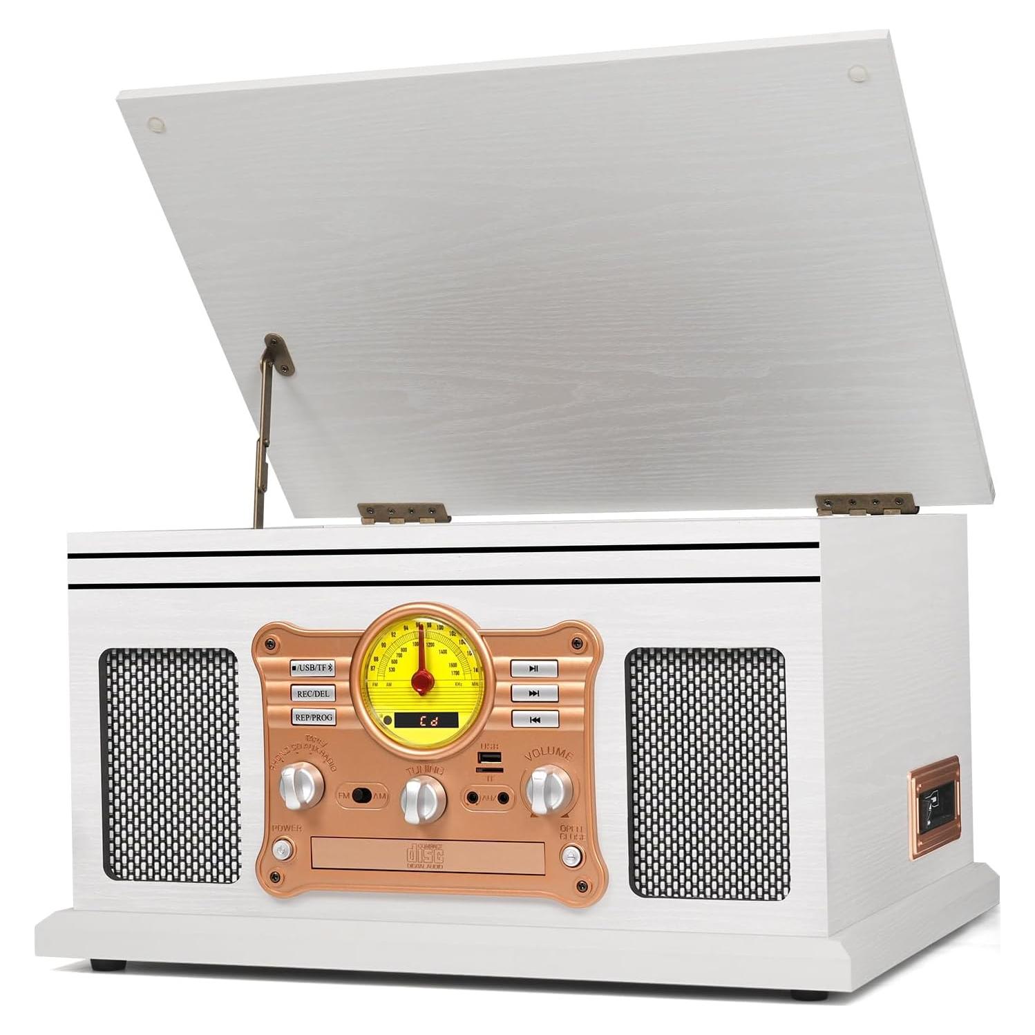 Reproductor de Vinilo Bluetooth TANLANIN 10 en 1 Madera Blanca