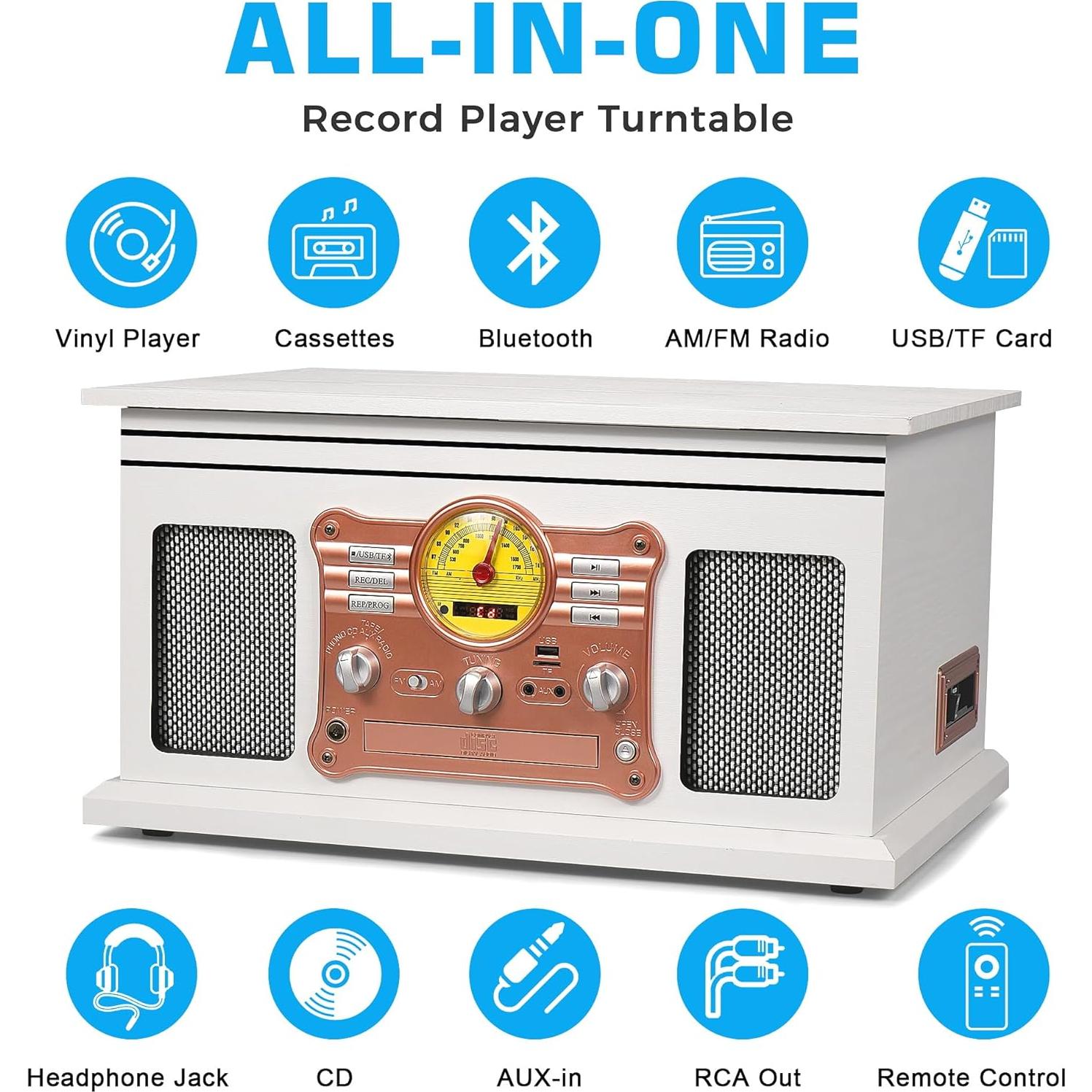 Reproductor de Vinilo Bluetooth TANLANIN 10 en 1 Madera Blanca