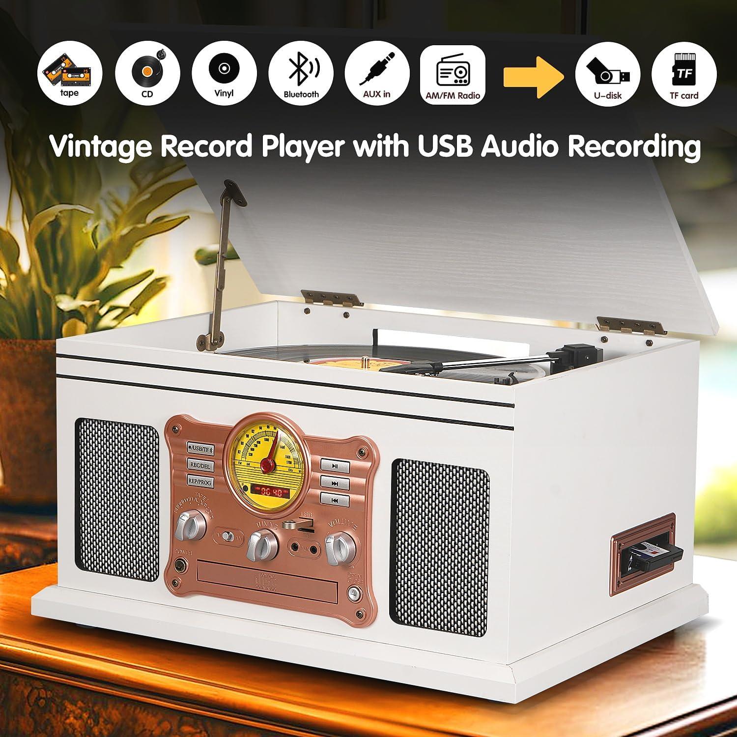 Reproductor de Vinilo Bluetooth TANLANIN 10 en 1 Madera Blanca