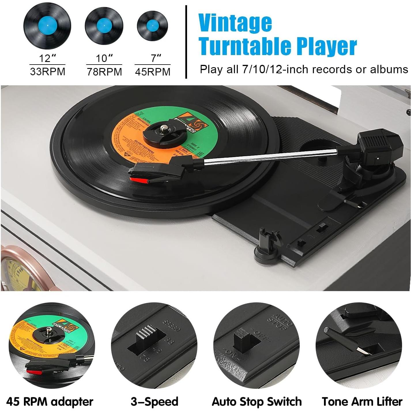 Reproductor de Vinilo Bluetooth TANLANIN 10 en 1 Madera Blanca