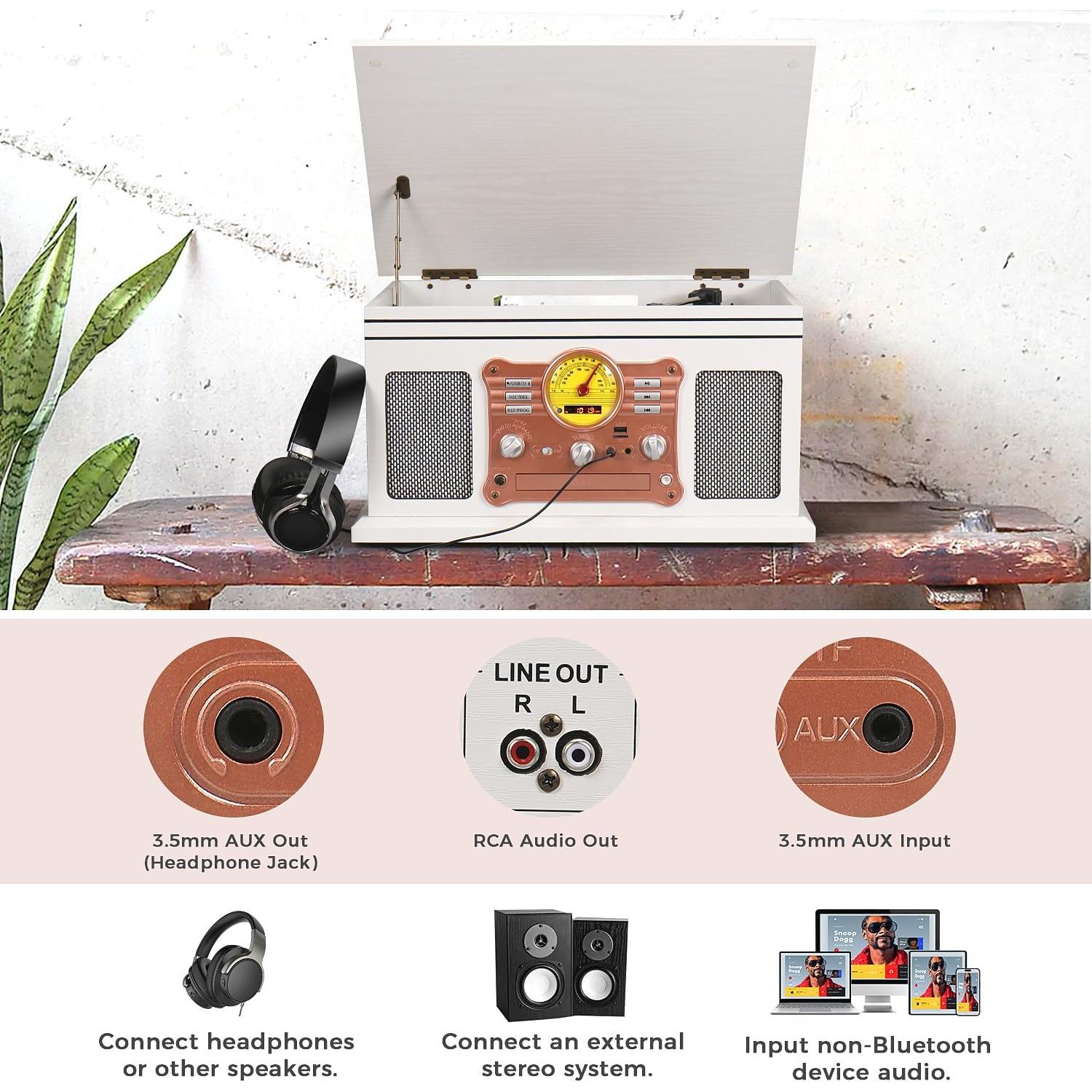 Reproductor de Vinilo Bluetooth TANLANIN 10 en 1 Madera Blanca