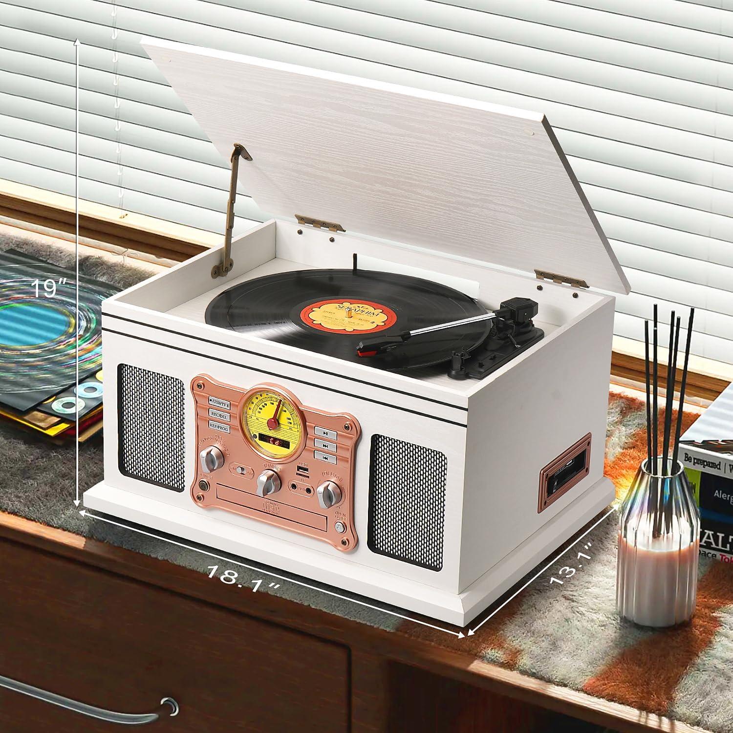 Reproductor de Vinilo Bluetooth TANLANIN 10 en 1 Madera Blanca