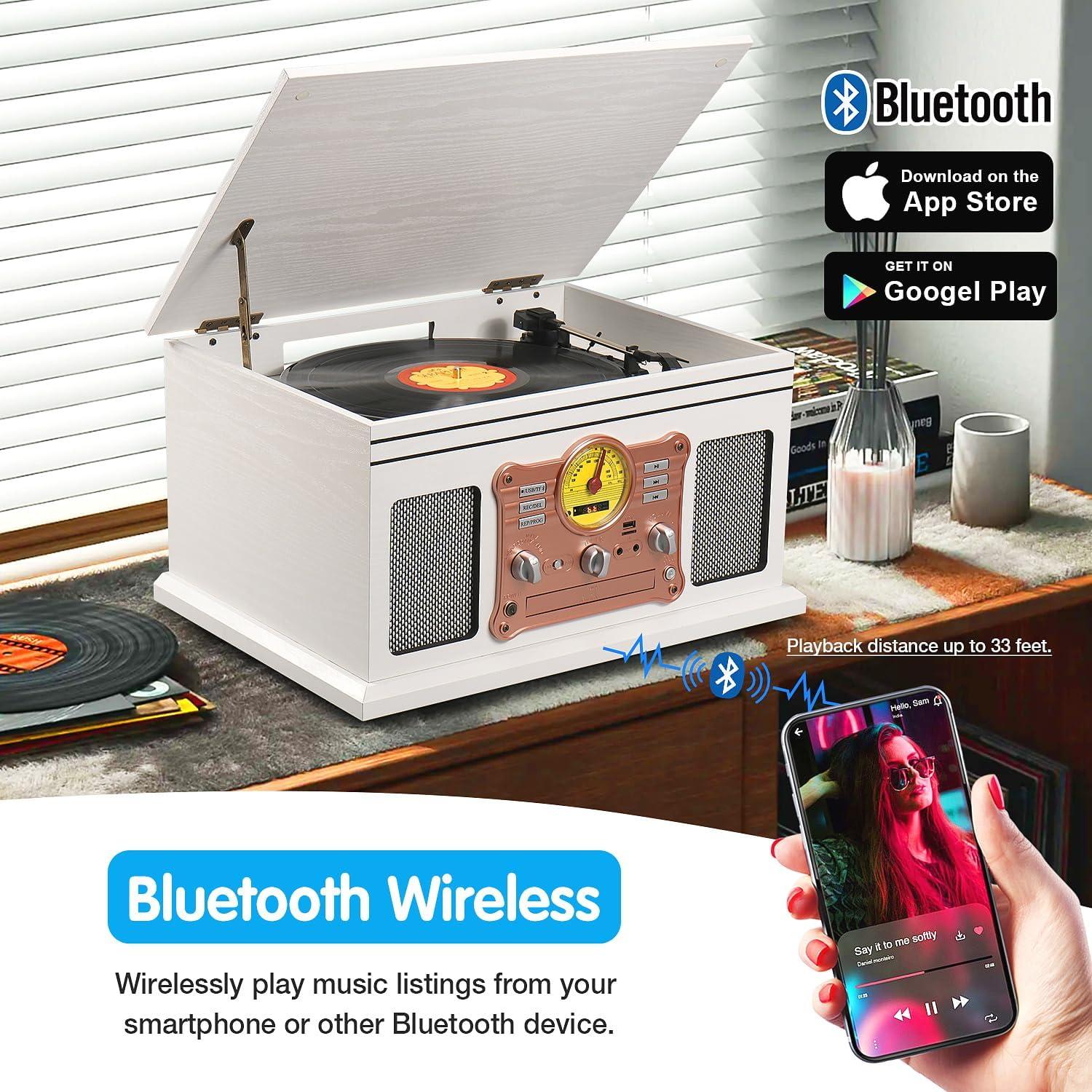 Reproductor de Vinilo Bluetooth TANLANIN 10 en 1 Madera Blanca