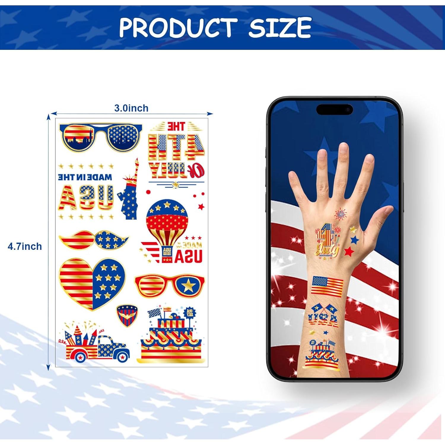 4th of July Decorations, 100 PCS Temporary Tattoos for Kids Adults, Patriotic Decorations, Fourth of July Accessories, Red White And Blue Party Supplies for Independence Day