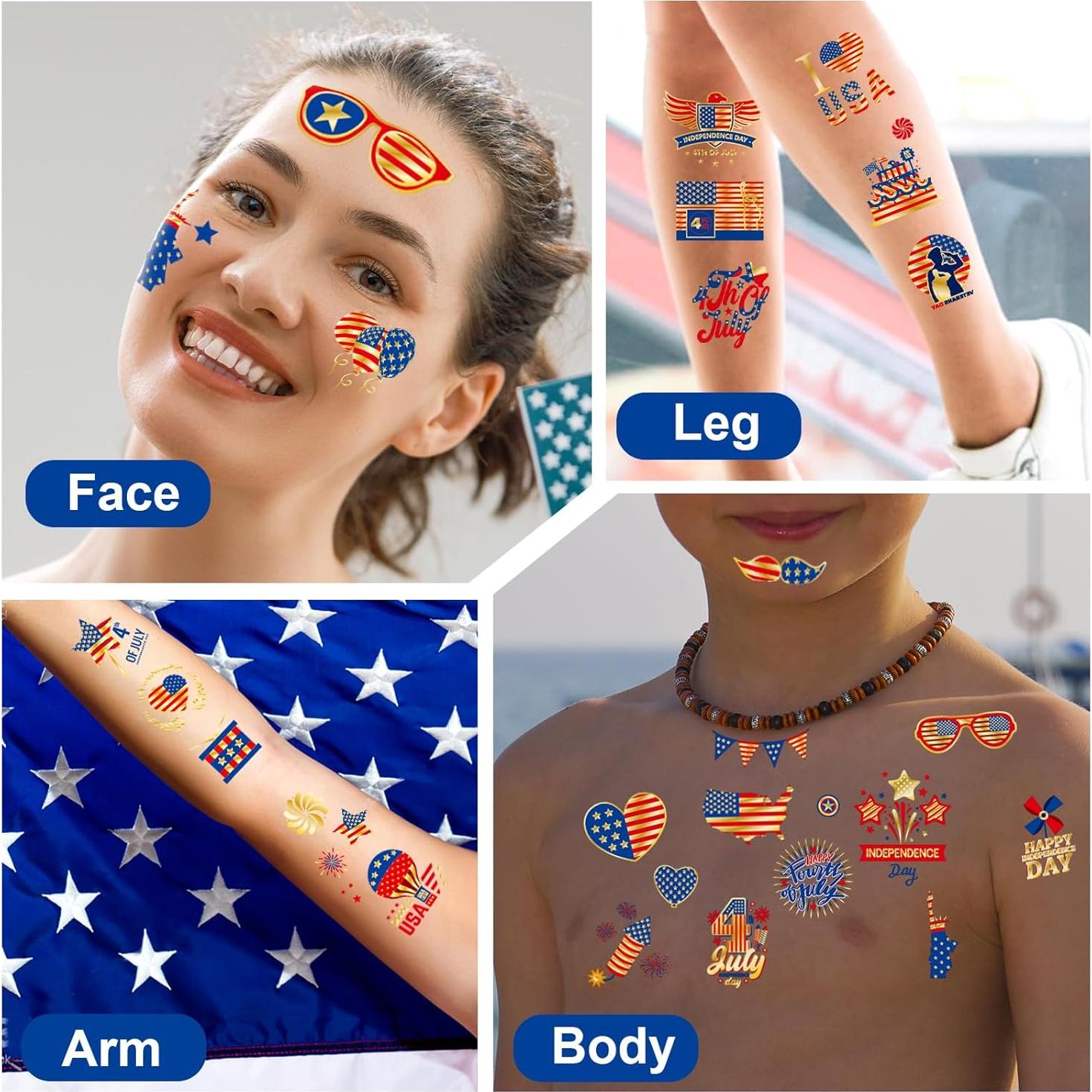 4th of July Decorations, 100 PCS Temporary Tattoos for Kids Adults, Patriotic Decorations, Fourth of July Accessories, Red White And Blue Party Supplies for Independence Day