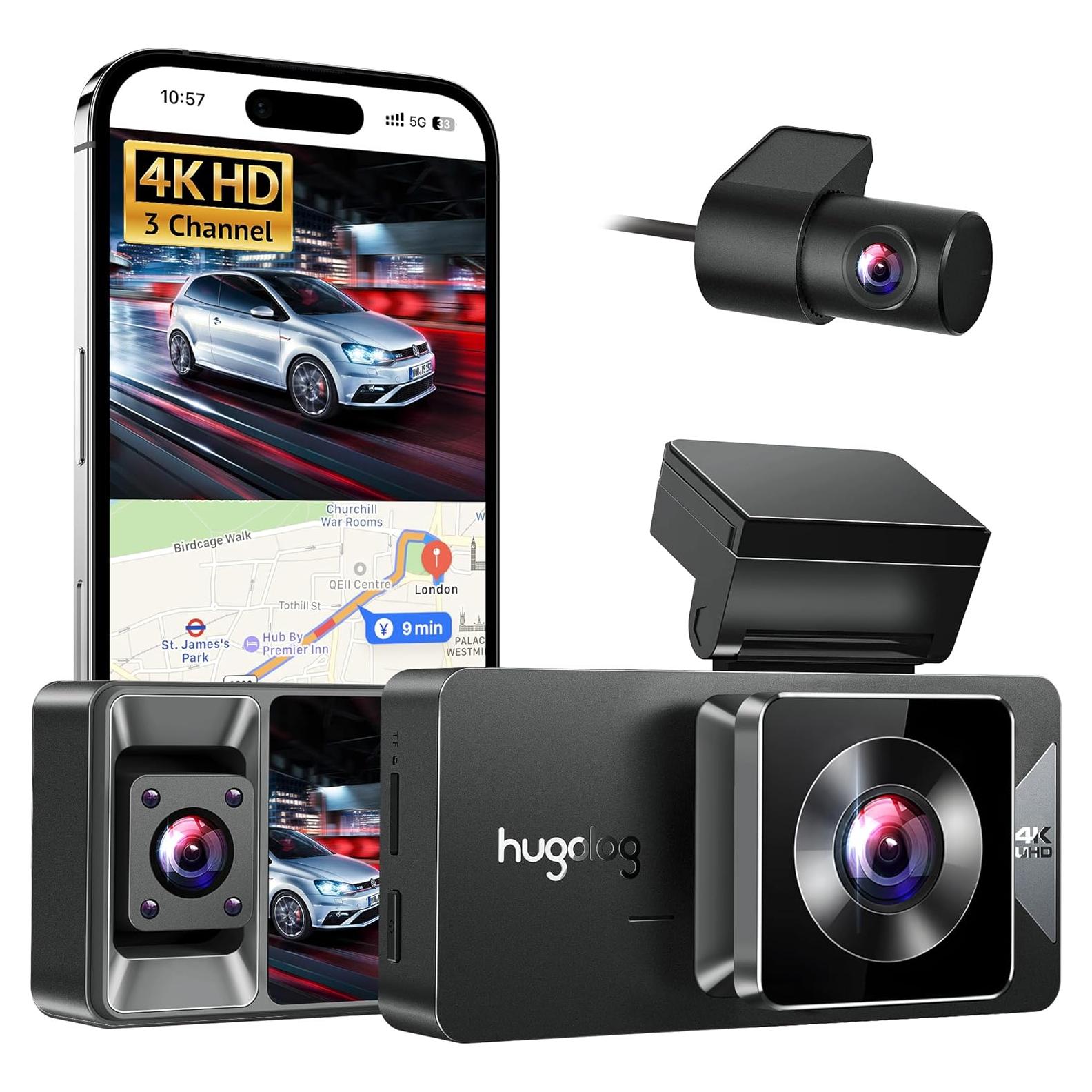 Cámara Dash Hugolog S7 3 Canales 4K+1080P, WiFi 5G, GPS