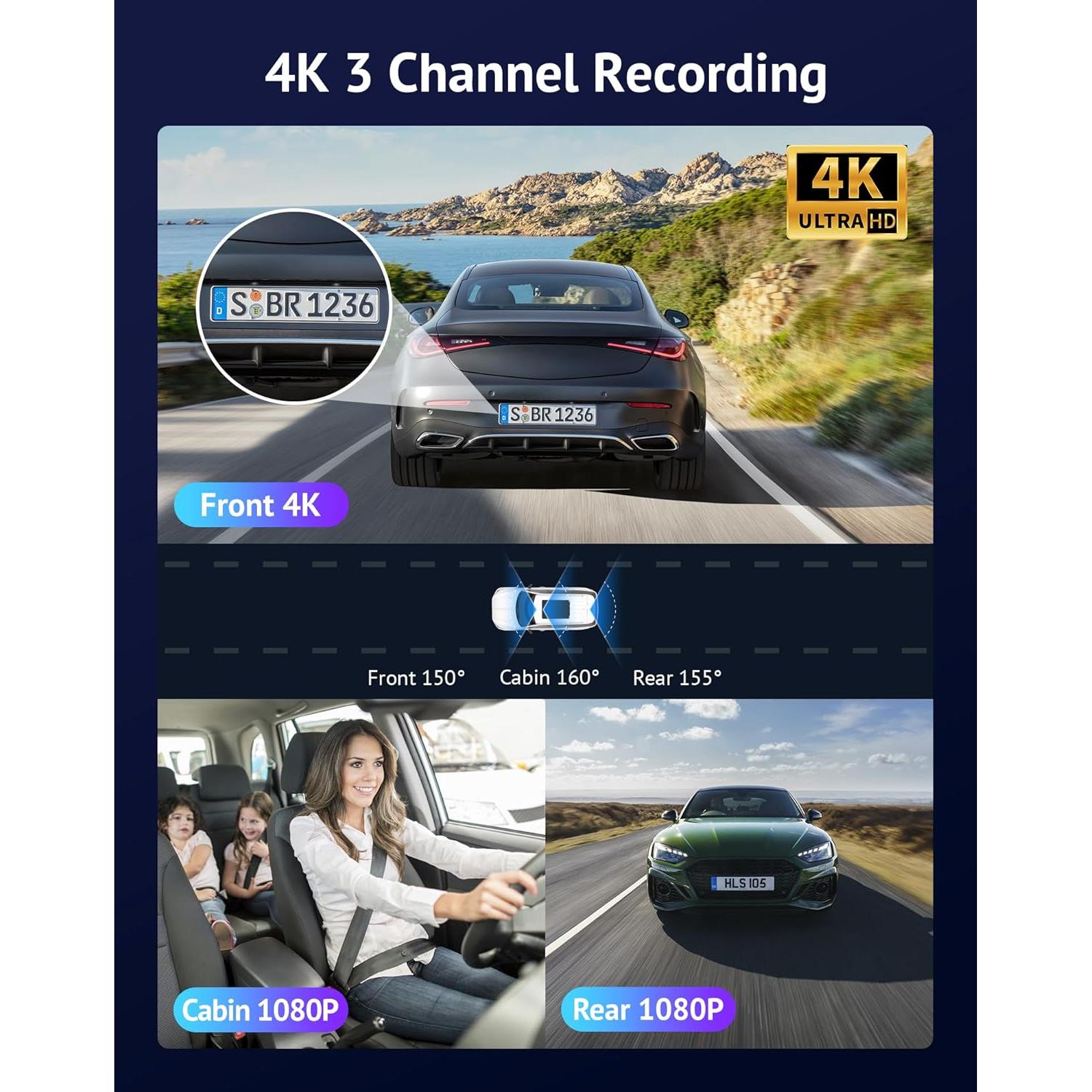 Cámara Dash Hugolog S7 3 Canales 4K+1080P, WiFi 5G, GPS