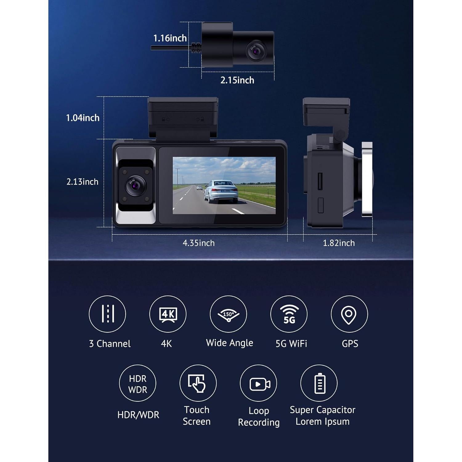 Cámara Dash Hugolog S7 3 Canales 4K+1080P, WiFi 5G, GPS