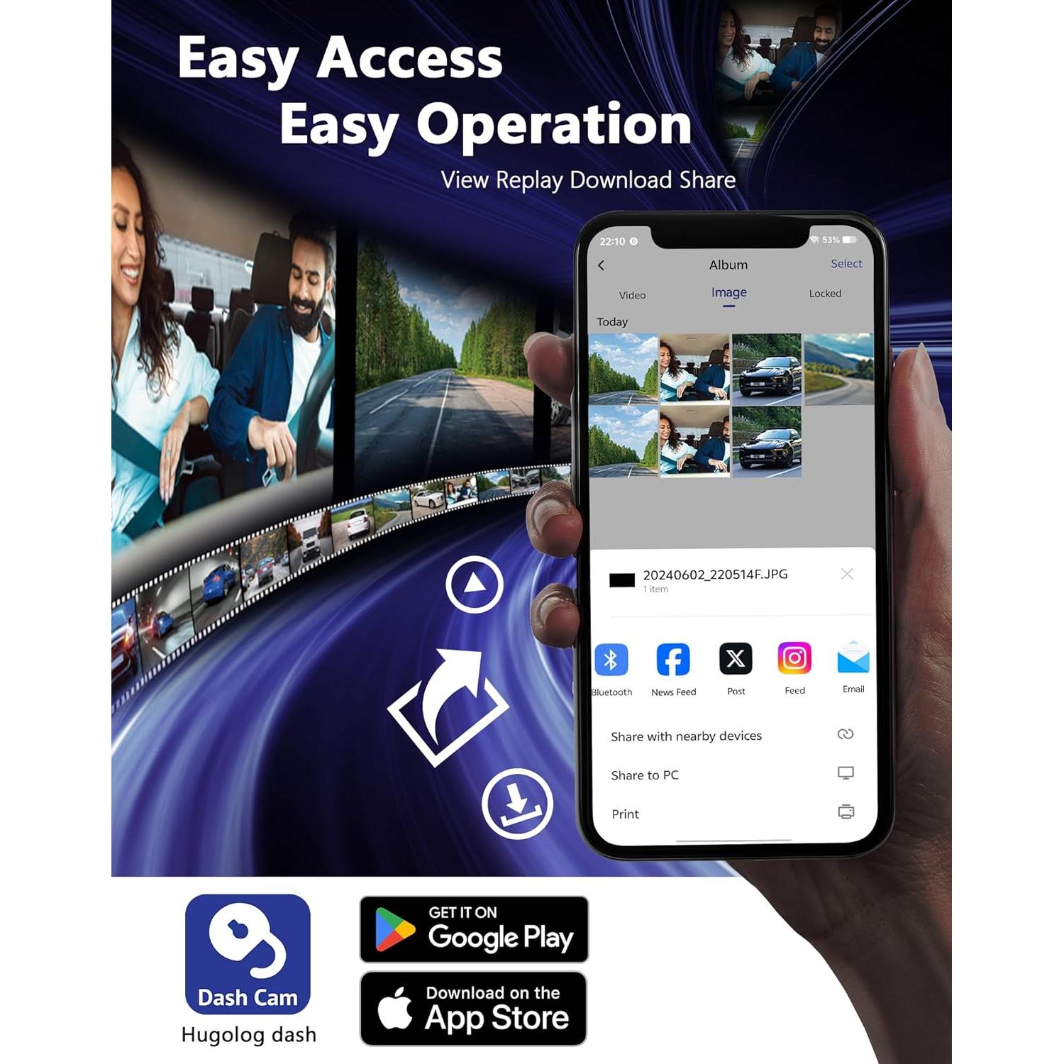 Cámara Dash Hugolog S7 3 Canales 4K+1080P, WiFi 5G, GPS