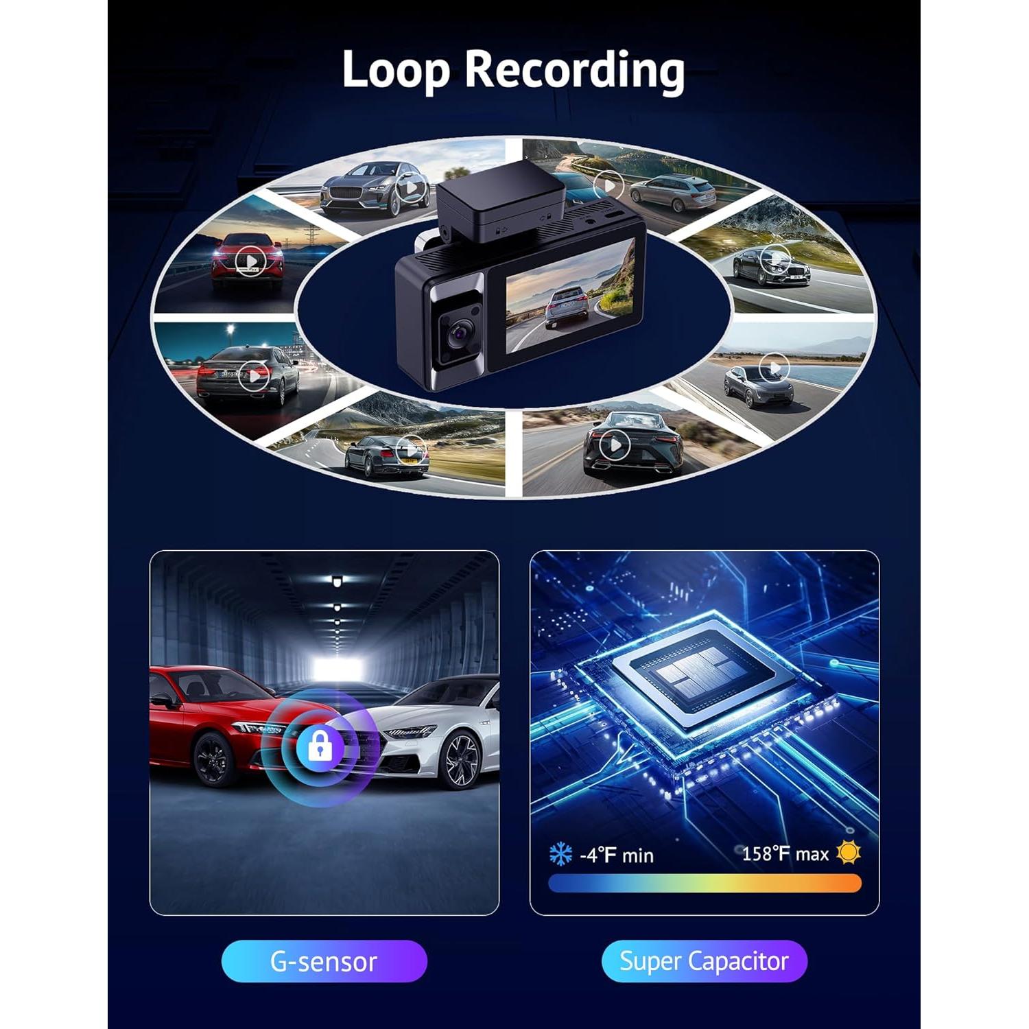 Cámara Dash Hugolog S7 3 Canales 4K+1080P, WiFi 5G, GPS