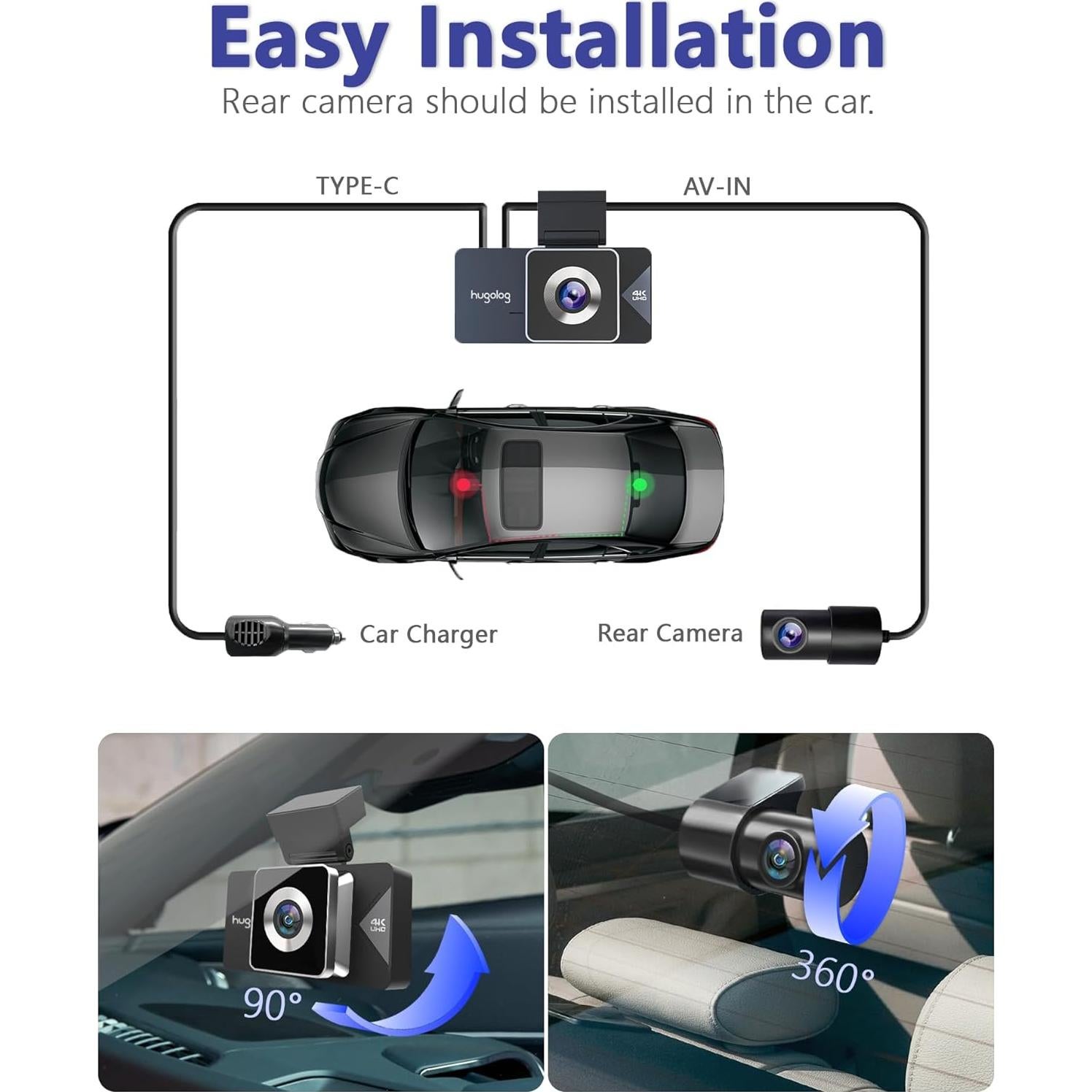 Cámara Dash Hugolog S7 3 Canales 4K+1080P, WiFi 5G, GPS