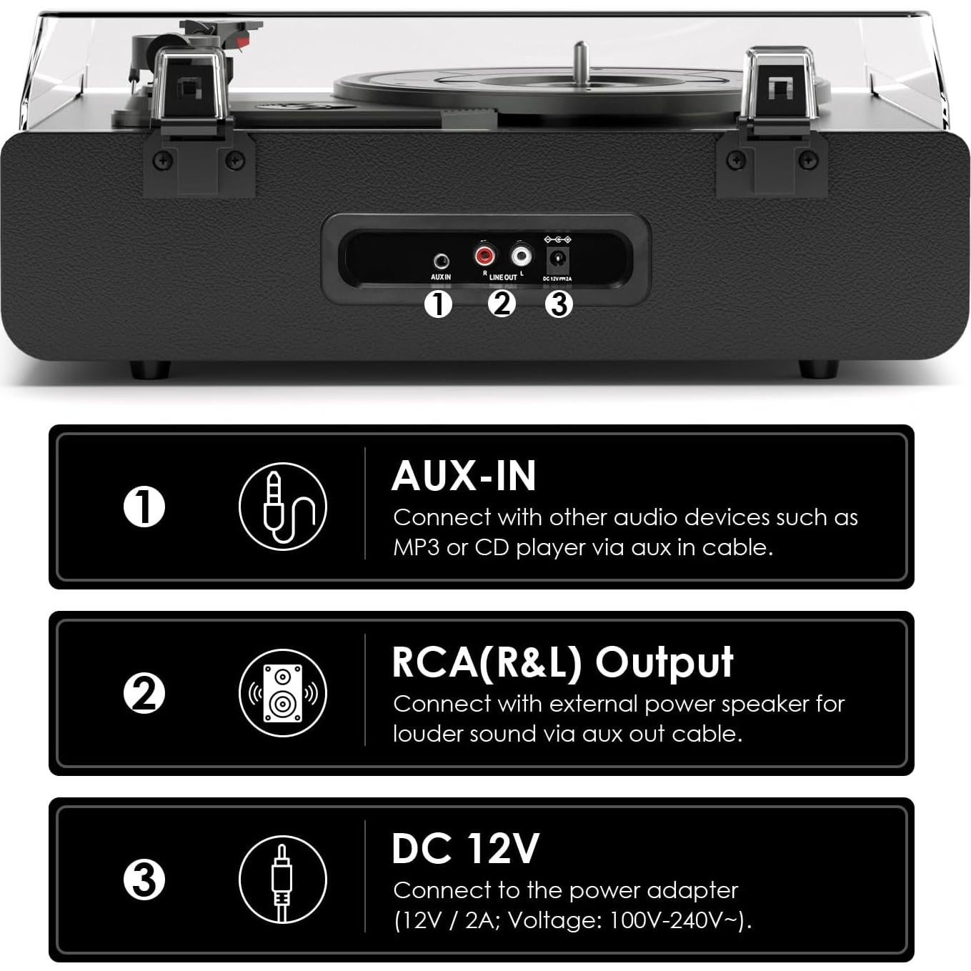 Reproductor de Vinilo TANLANIN TE-2018BLK Bluetooth 3 Velocidades