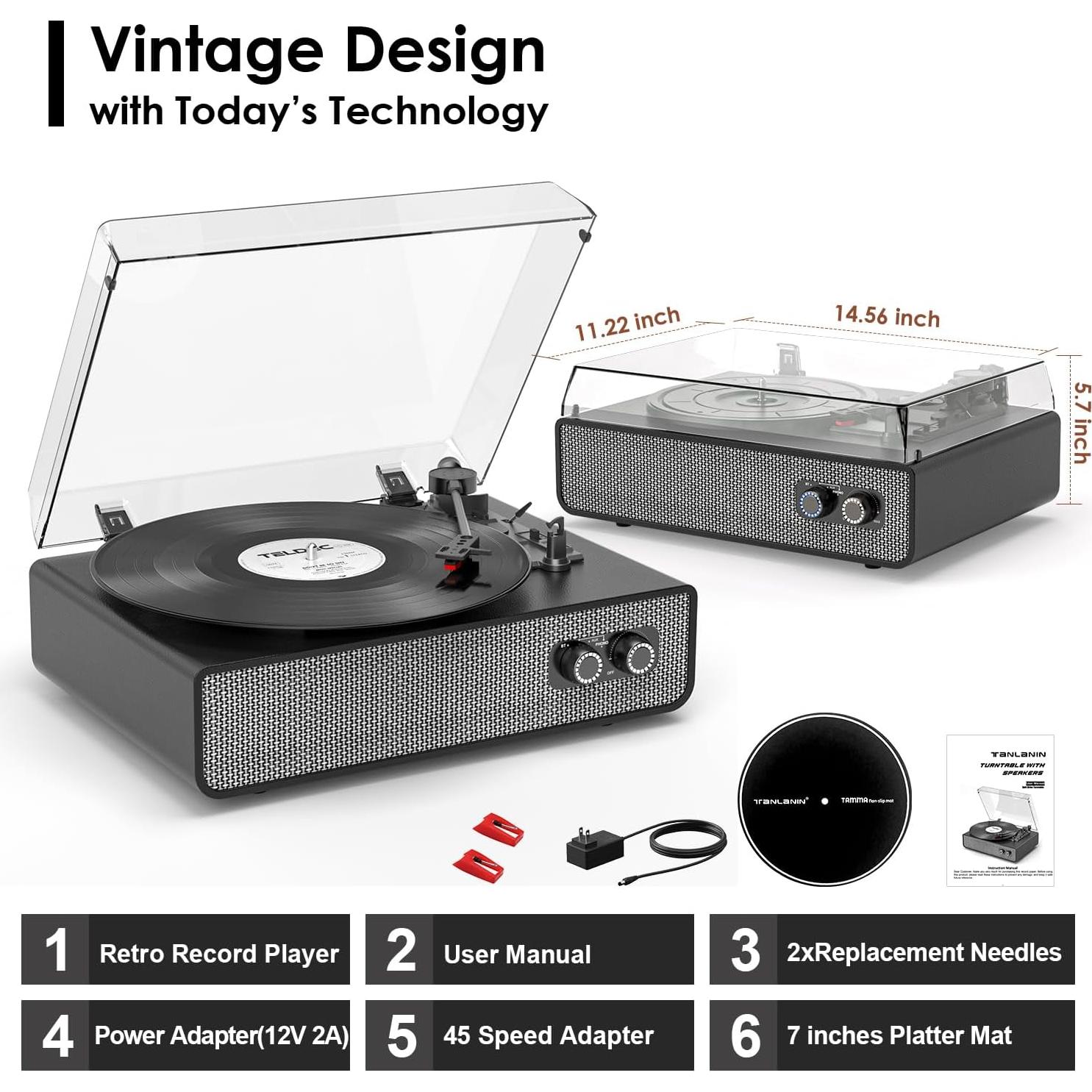 Reproductor de Vinilo TANLANIN TE-2018BLK Bluetooth 3 Velocidades