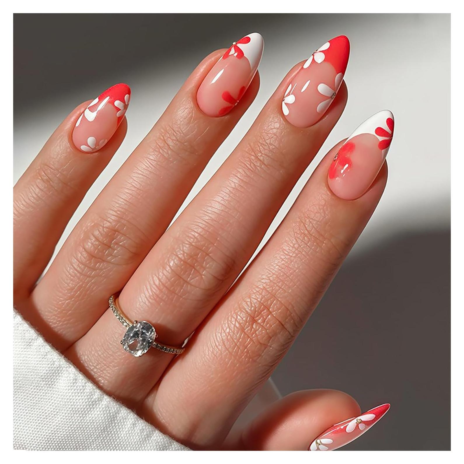 Uñas Postizas Francesas Rojas y Blancas CHAONENG 24 Pcs
