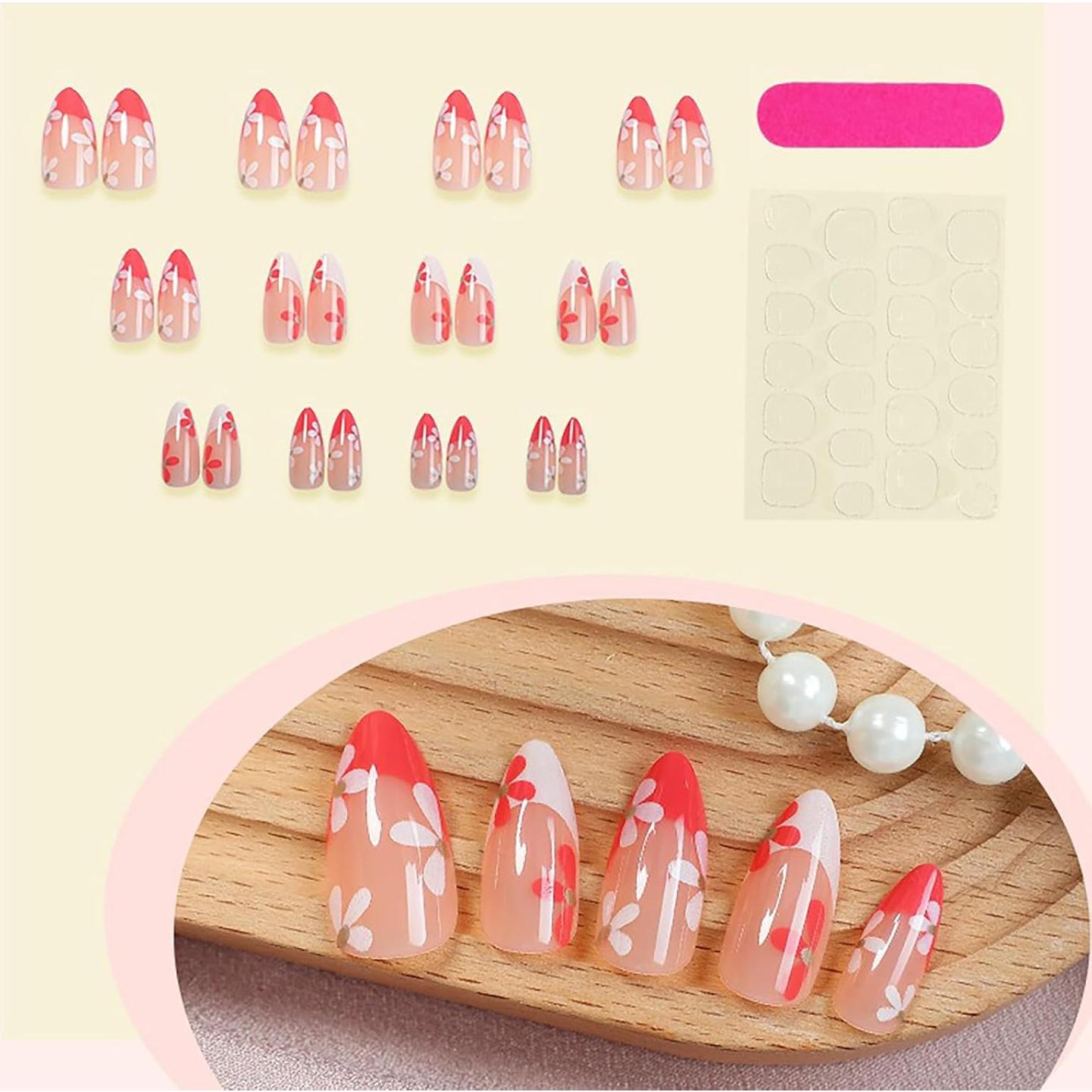 Uñas Postizas Francesas Rojas y Blancas CHAONENG 24 Pcs