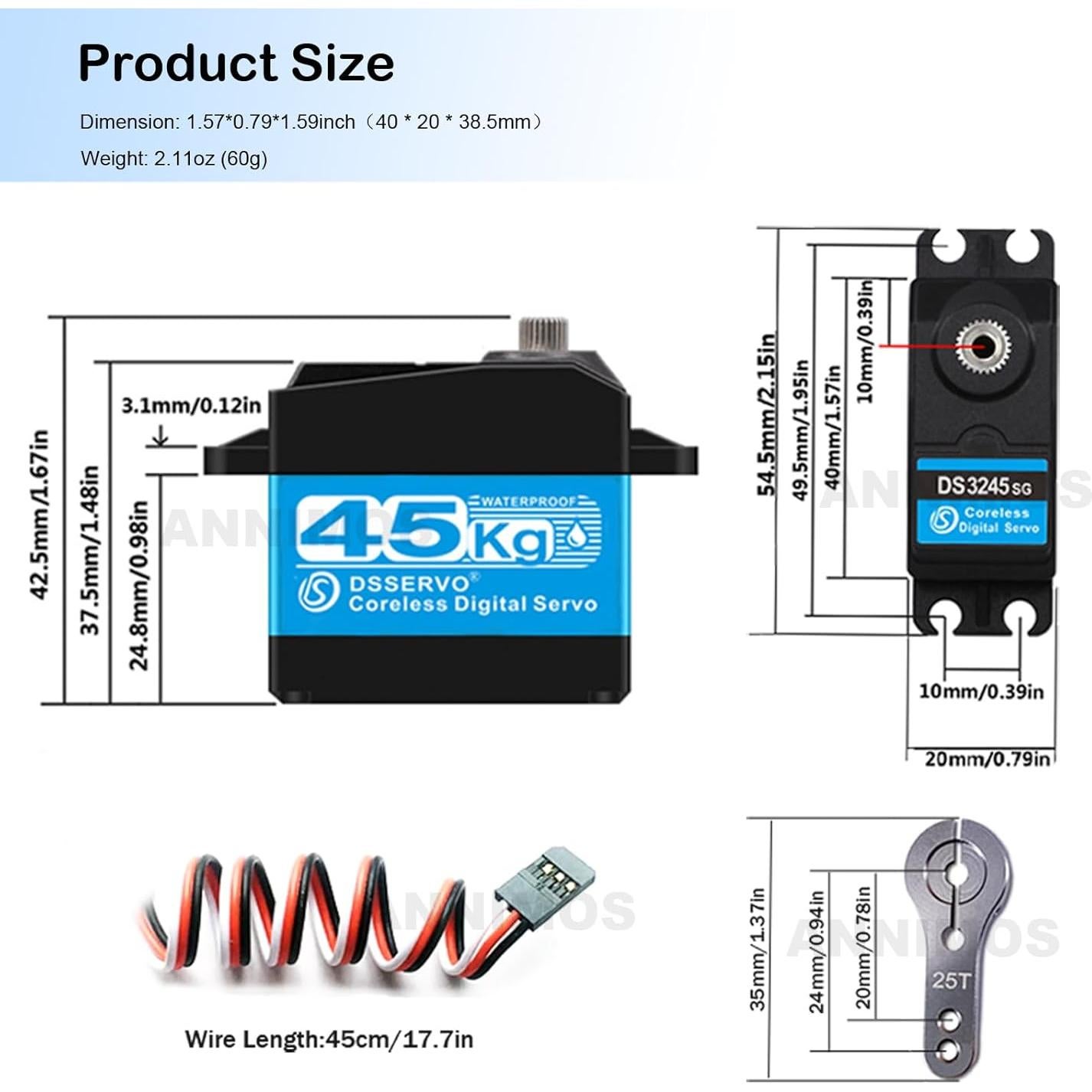 Servo de Dirección RC ANNIMOS 45KG 180° a Prueba de Agua