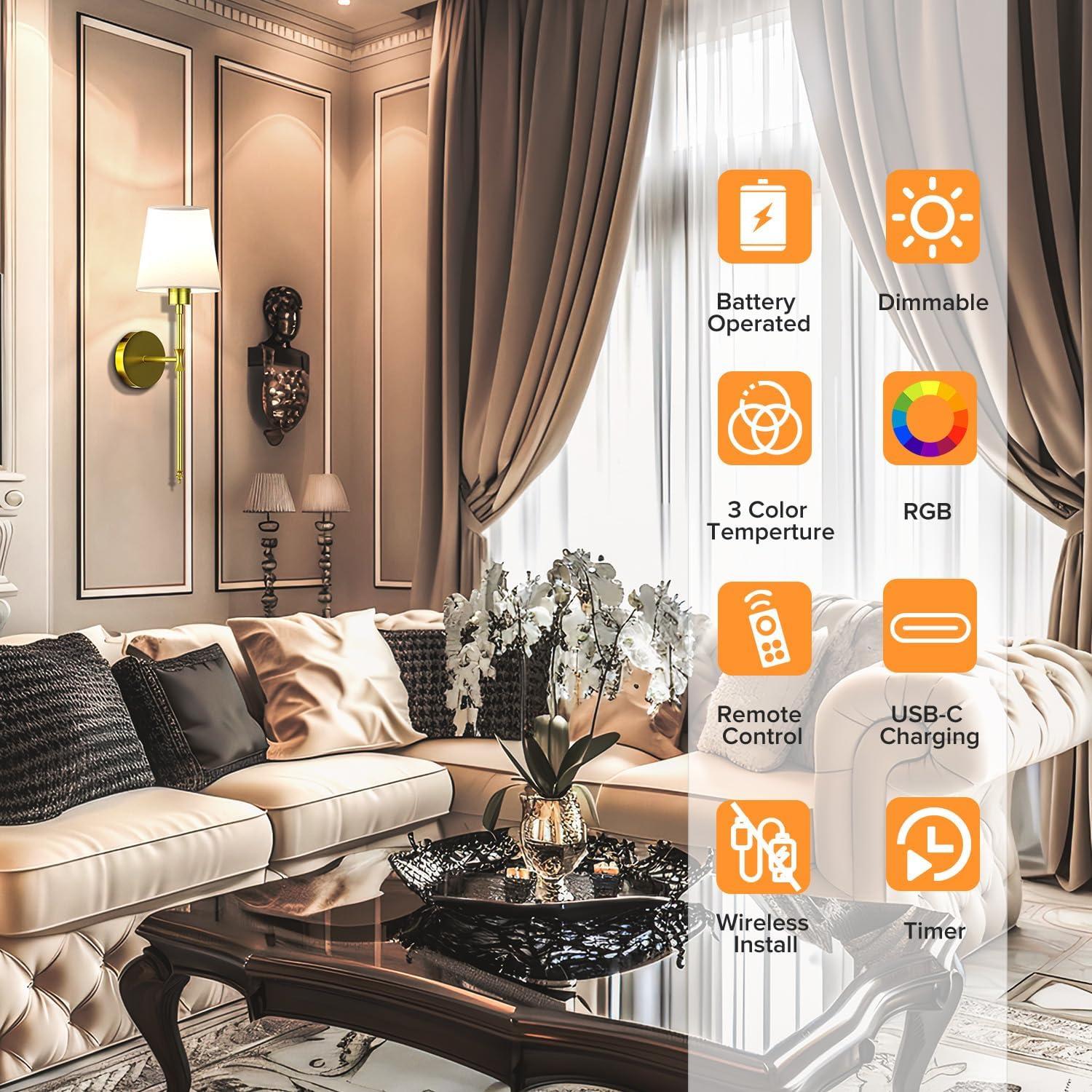 Aplique de Pared Inalámbrico Viyawise Dorado, Juego de 2 Luces