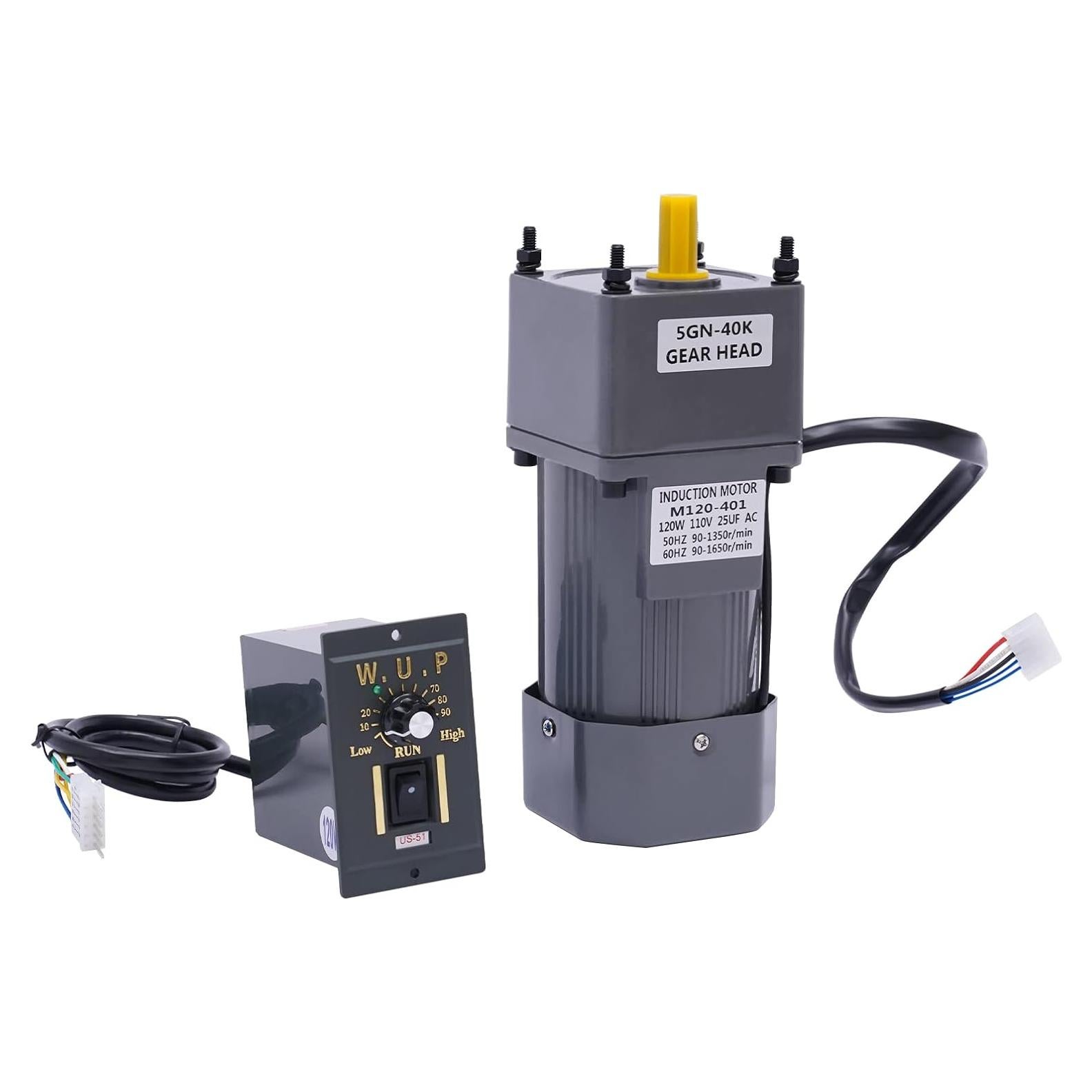 Electric Gear Motor 110V 120W 40K Electric Single-Phase 21 Nm High Torque AC Gear Reducer Motor with Speed Controller 90-1650 RPM Adjustable Speed Gear Reduction Electric Motor