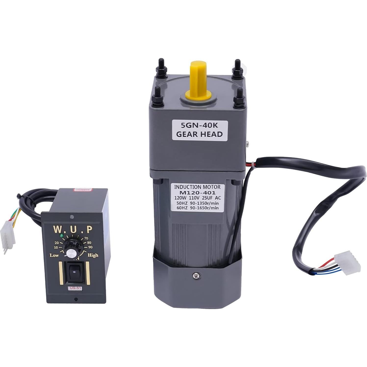 Electric Gear Motor 110V 120W 40K Electric Single-Phase 21 Nm High Torque AC Gear Reducer Motor with Speed Controller 90-1650 RPM Adjustable Speed Gear Reduction Electric Motor