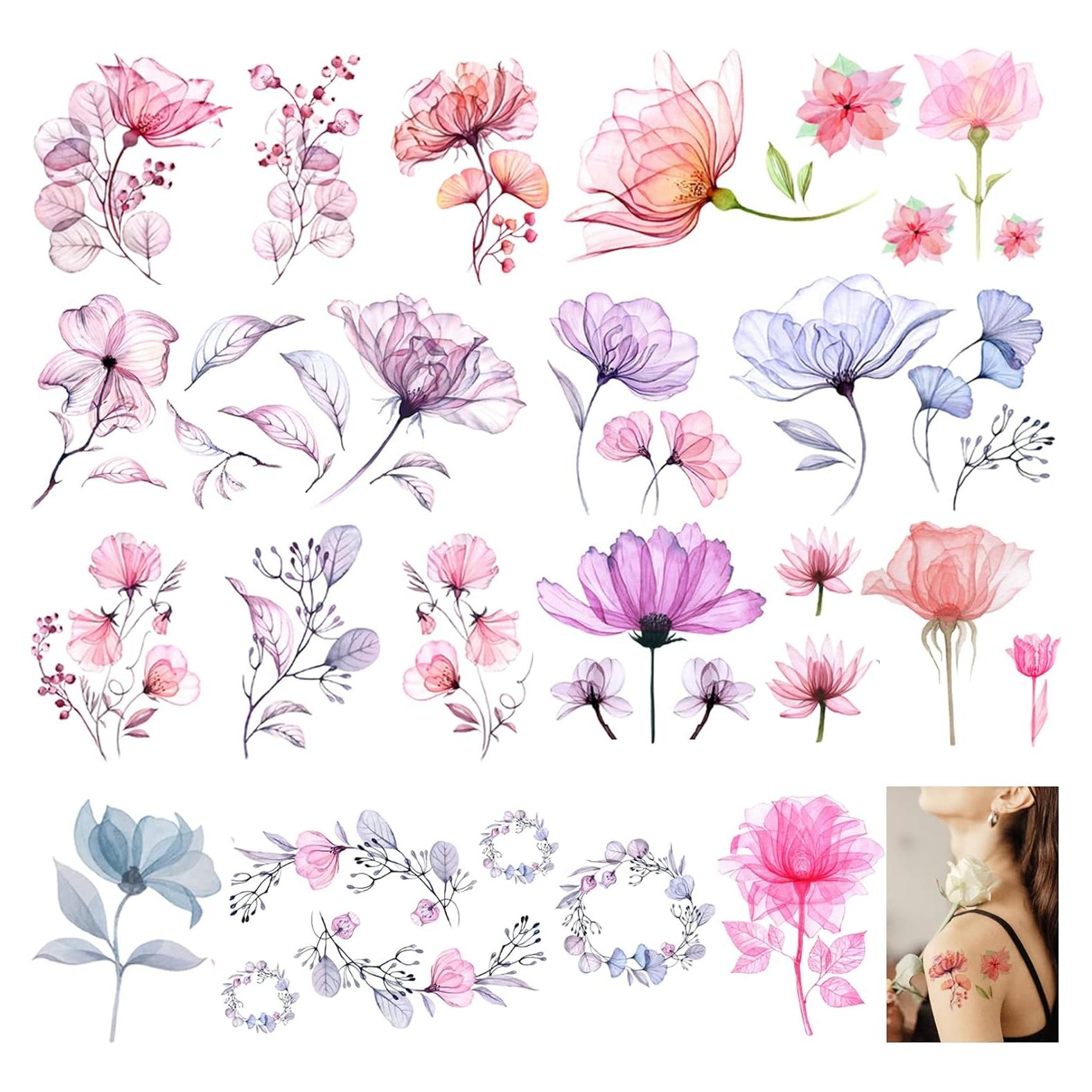 Tatuajes Temporales de Flores Casciybo - 10 Hojas Acuareladas