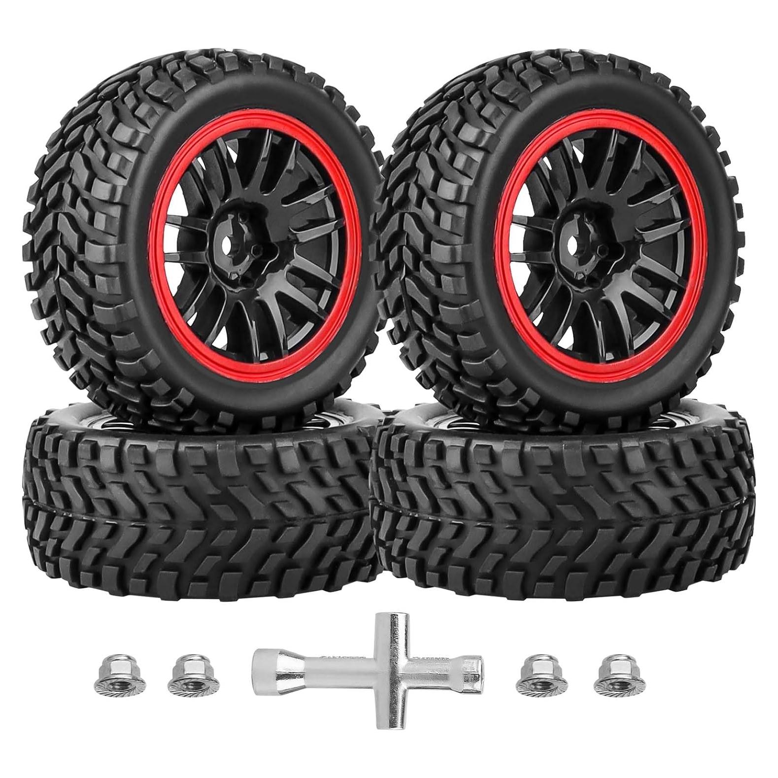 HobbyPark 2.55" Tall 12mm Hex PreGlued 1/10 RC Touring Car Wheels and Tires Set 1.02" 26mm Wide Soft Rubber for Tamiya HPI Traxxas Redcat Kyosho Brushless Motor 2S 3S Lipo (Style 1)