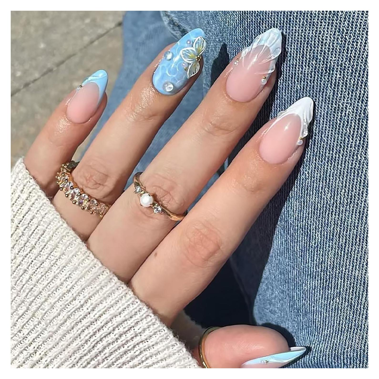 24 Uñas Postizas Almendra ASABITE con Diseño 3D y Ondas