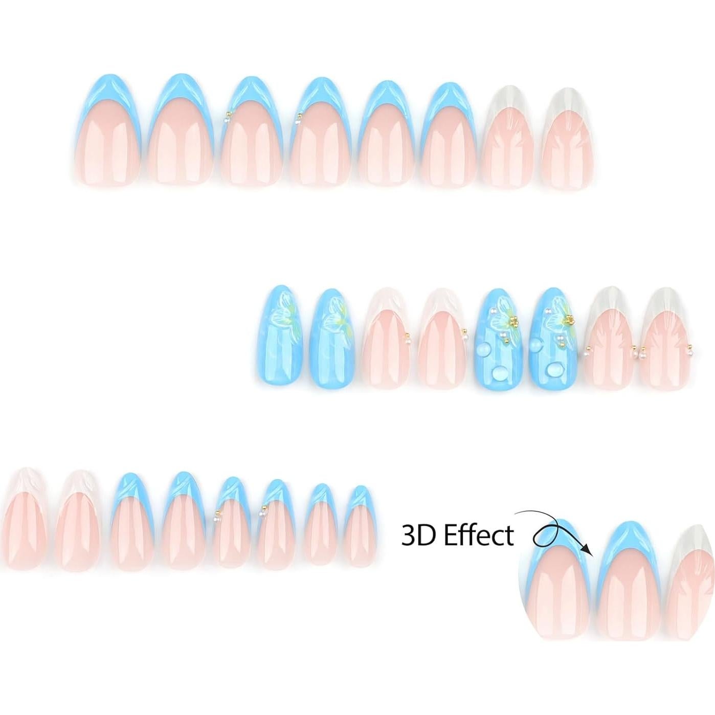 24 Uñas Postizas Almendra ASABITE con Diseño 3D y Ondas