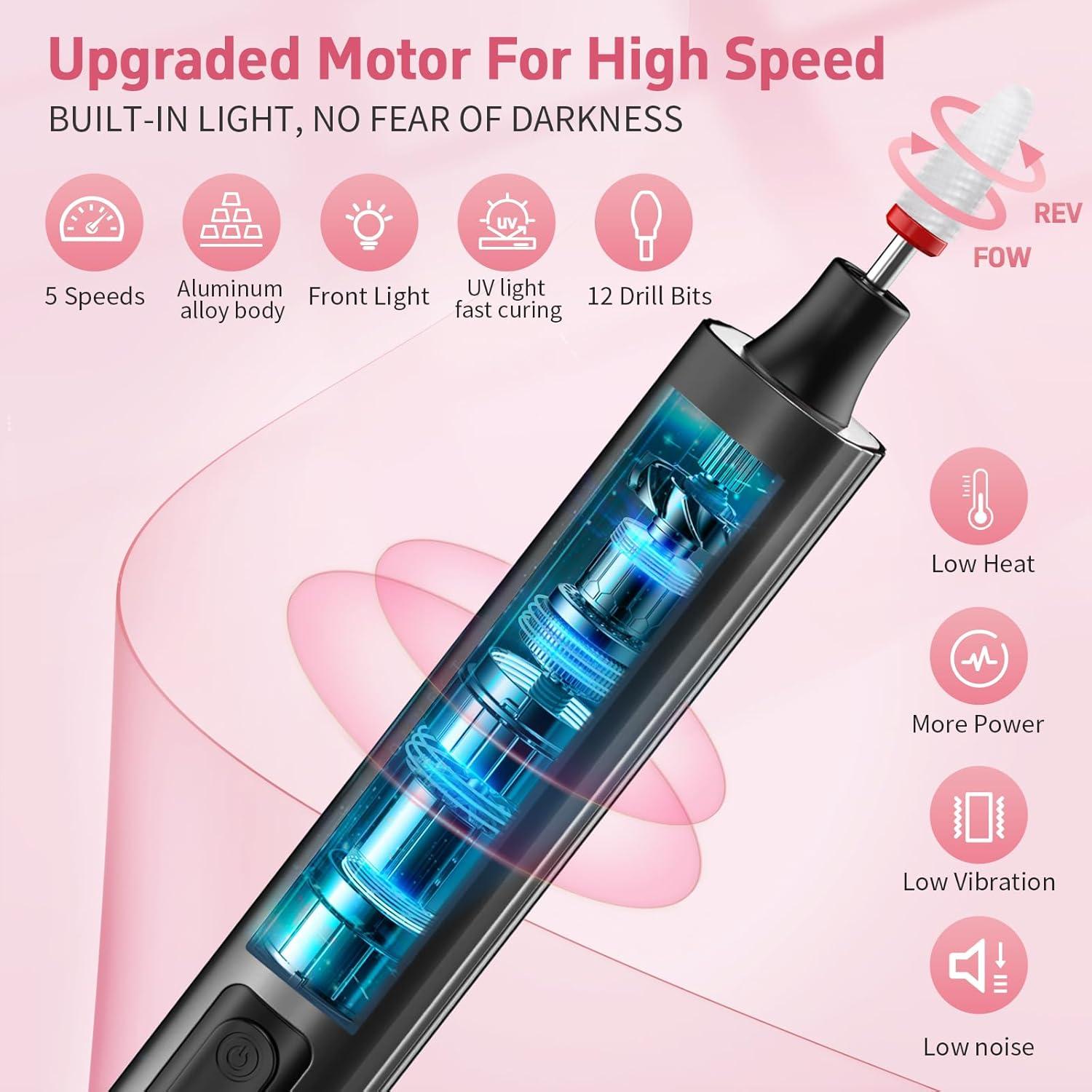 Fresadora de Uñas Inalámbrica YLYYCC con Lámpara UV 5 Velocidades