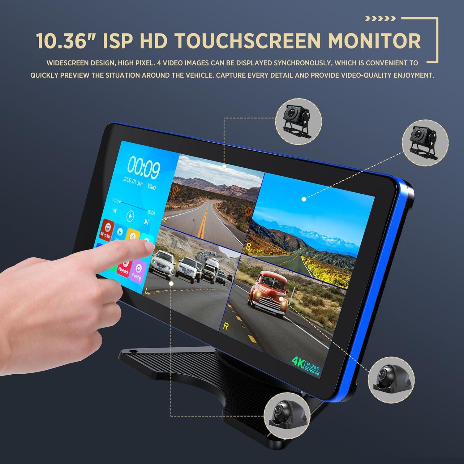 Cámara de Respaldo 4K ASLONG 10.36" con 4 Cámaras AHD