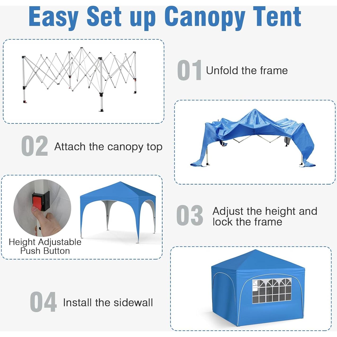 Carpa Pop Up Tangkula 3x3m Azul con 4 Paredes Desmontables