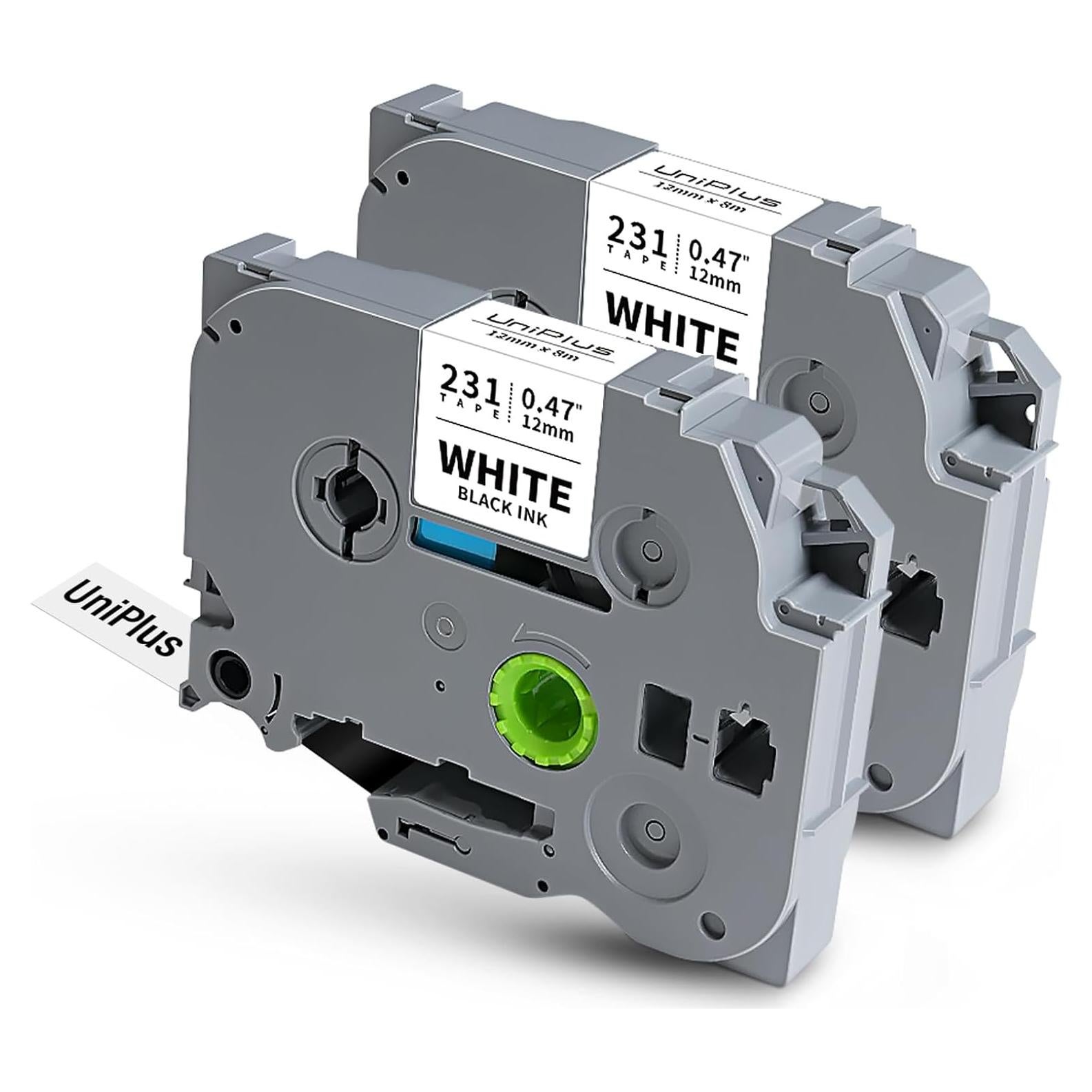 Cinta de Etiqueta UniPlus TZe-231 Negra sobre Blanca 12mm x 8m