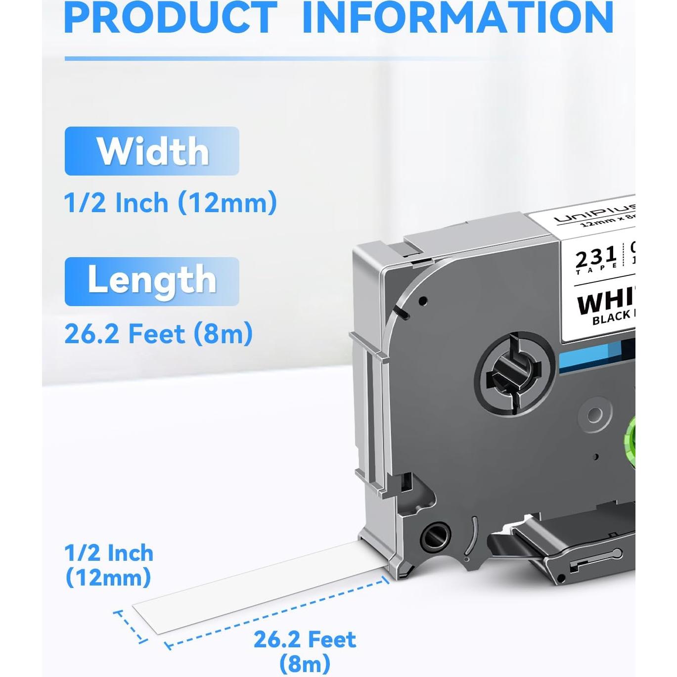 Cinta de Etiqueta UniPlus TZe-231 Negra sobre Blanca 12mm x 8m