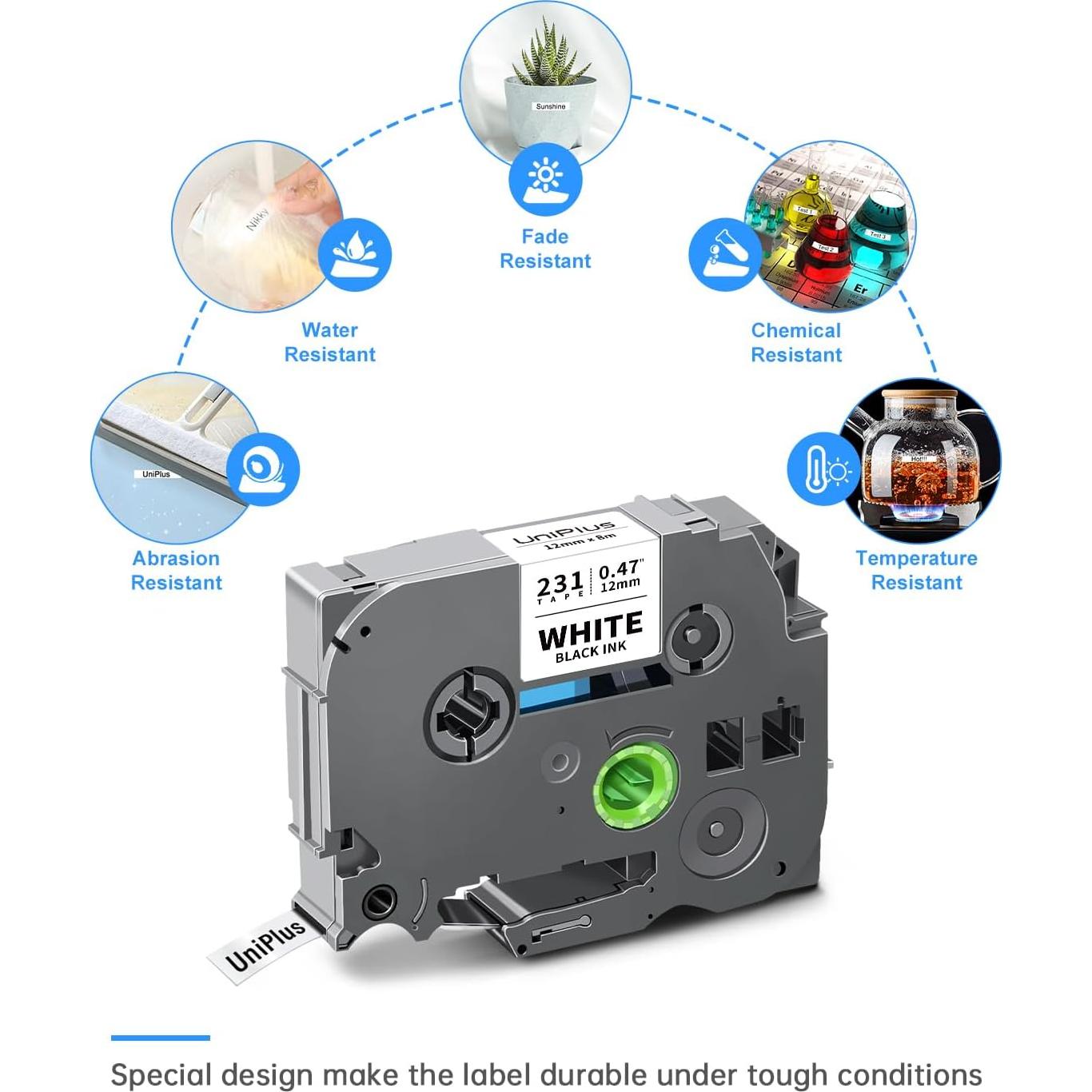 Cinta de Etiqueta UniPlus TZe-231 Negra sobre Blanca 12mm x 8m