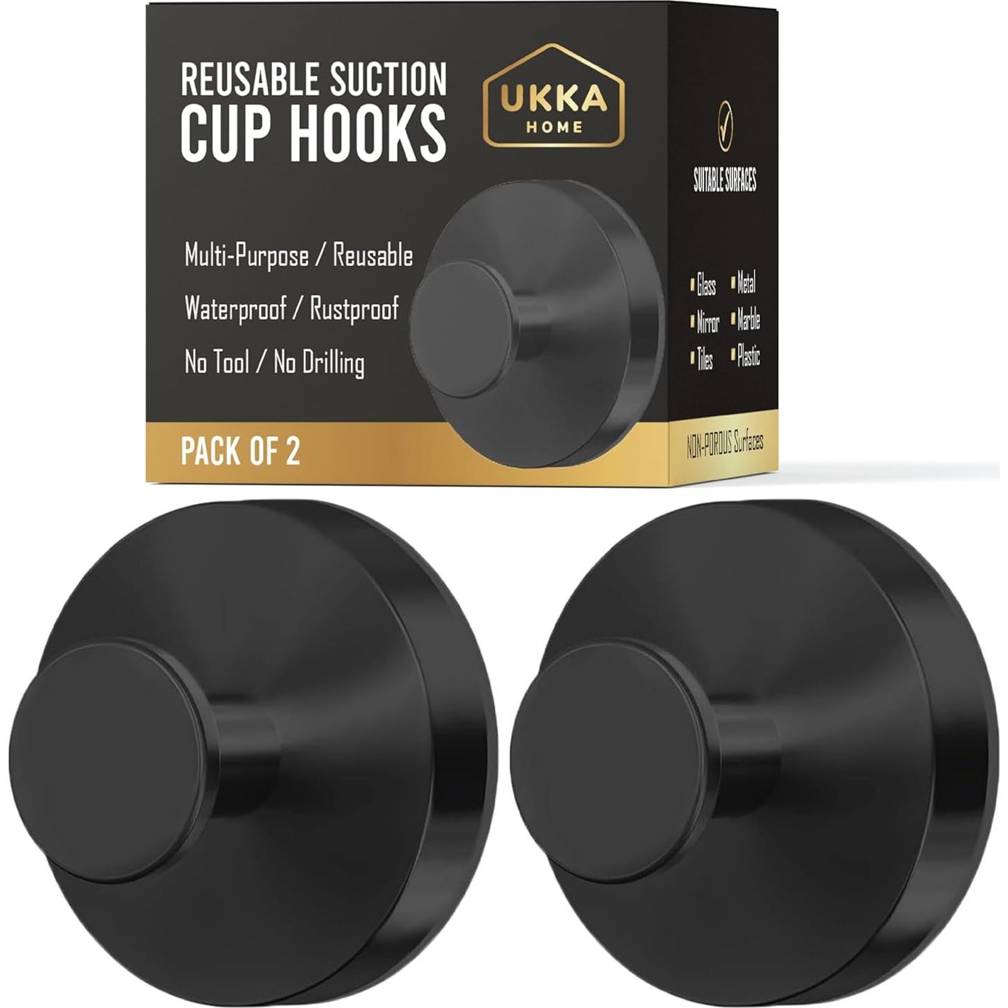 Ganchos de Ventosa UKKA HOME 2 Unidades Acero Inoxidable Negro