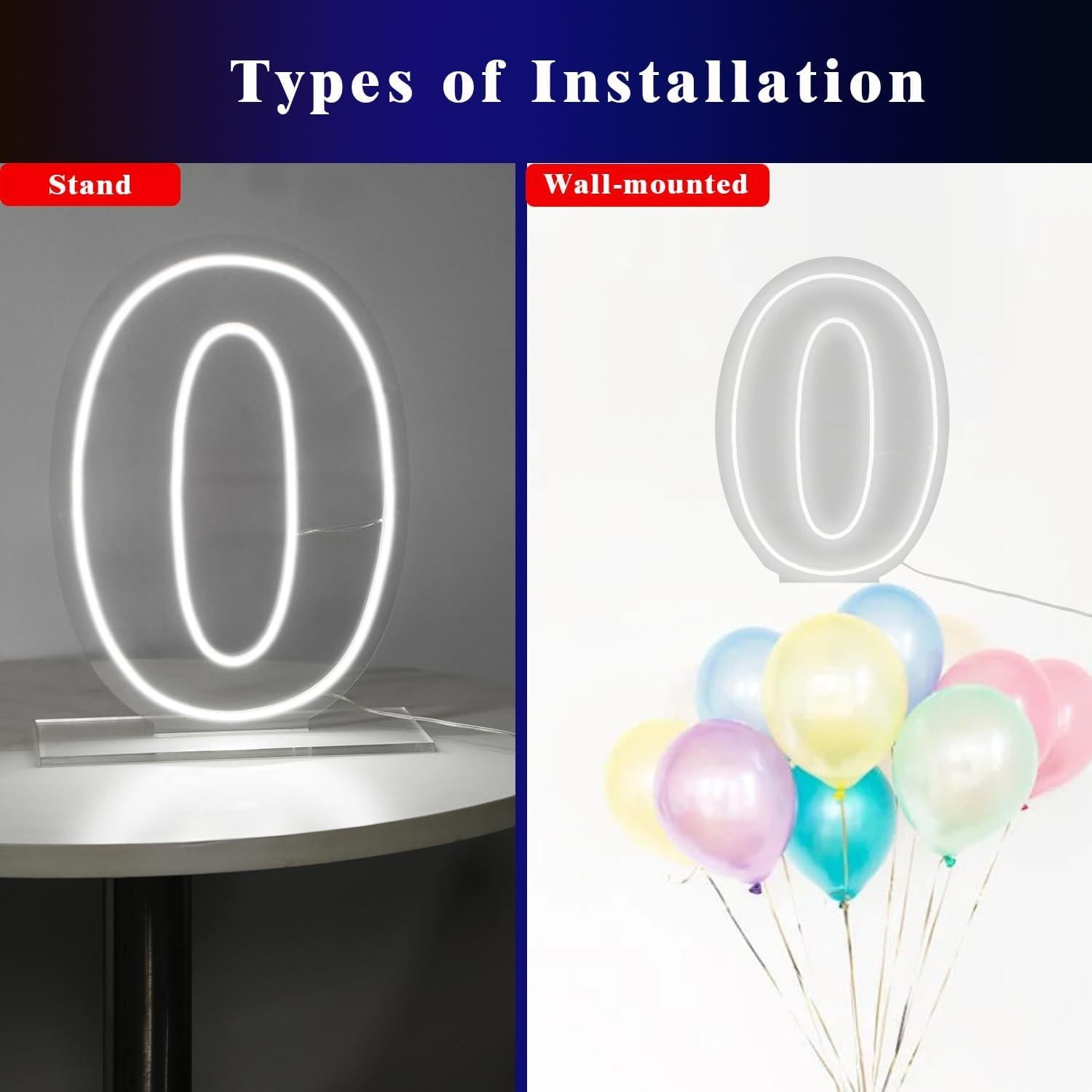 Luz de Neón Número 0 LIYUNEON 42 cm USB Batería Decorativa