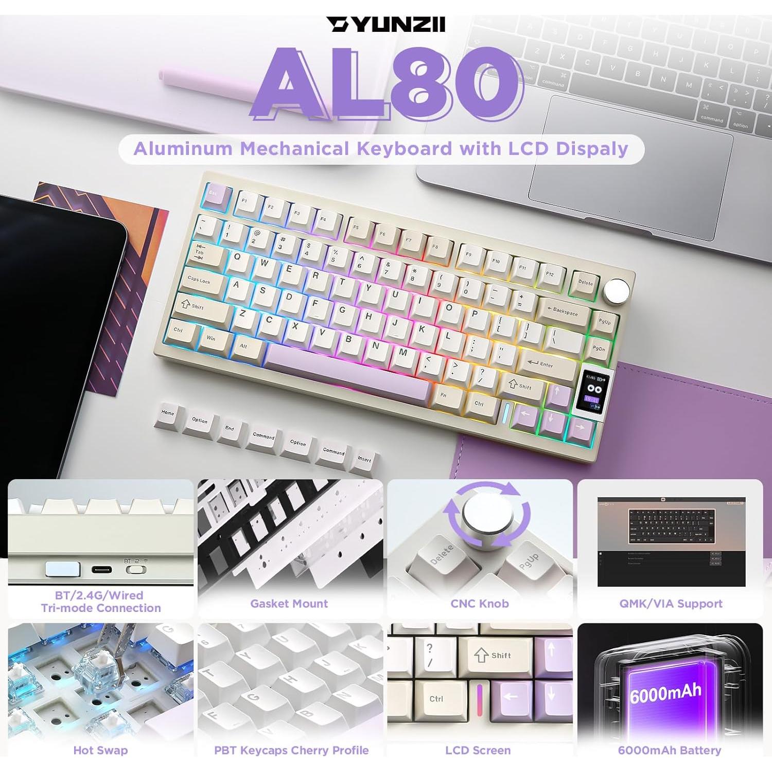 Teclado Mecánico Inalámbrico YUNZII AL80 75% RGB LCD Beige
