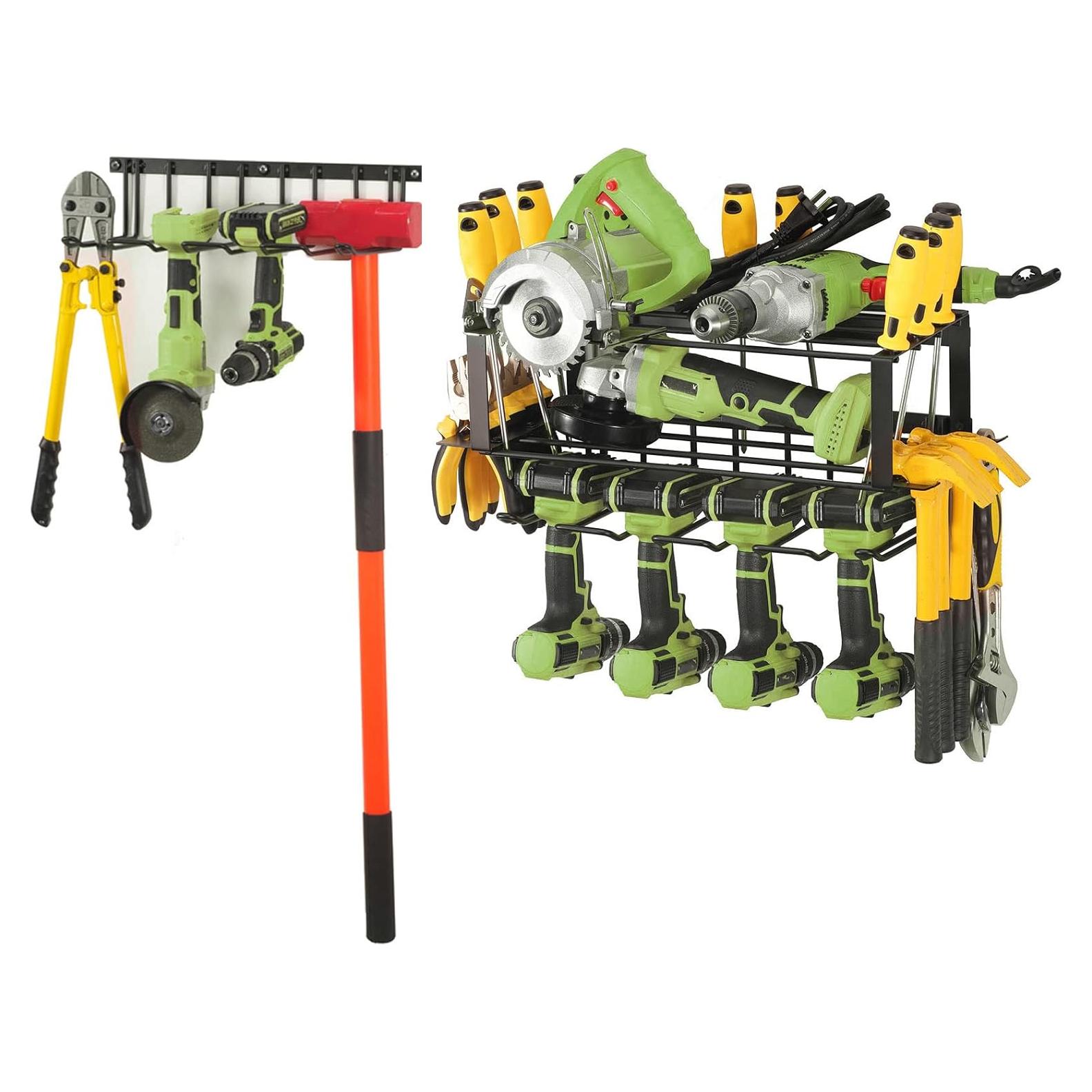 Power Tool Organizer - 4 Drill Holder Wall Mount, 3 Layer Metal Power Tool Storage Rack, Garage Tool Organizer and Storage with Screwdriver/Plier/Hammer Holder (3, 2 Racks+1 Shelf (Black)-2)