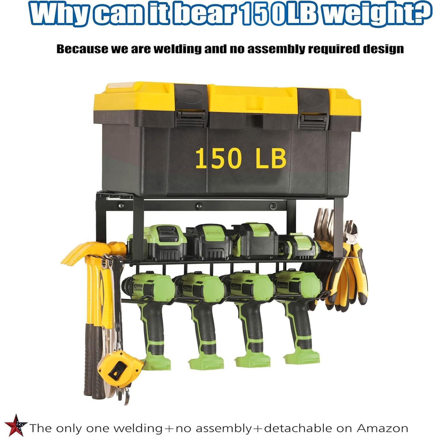 Power Tool Organizer - 4 Drill Holder Wall Mount, 3 Layer Metal Power Tool Storage Rack, Garage Tool Organizer and Storage with Screwdriver/Plier/Hammer Holder (3, 2 Racks+1 Shelf (Black)-2)