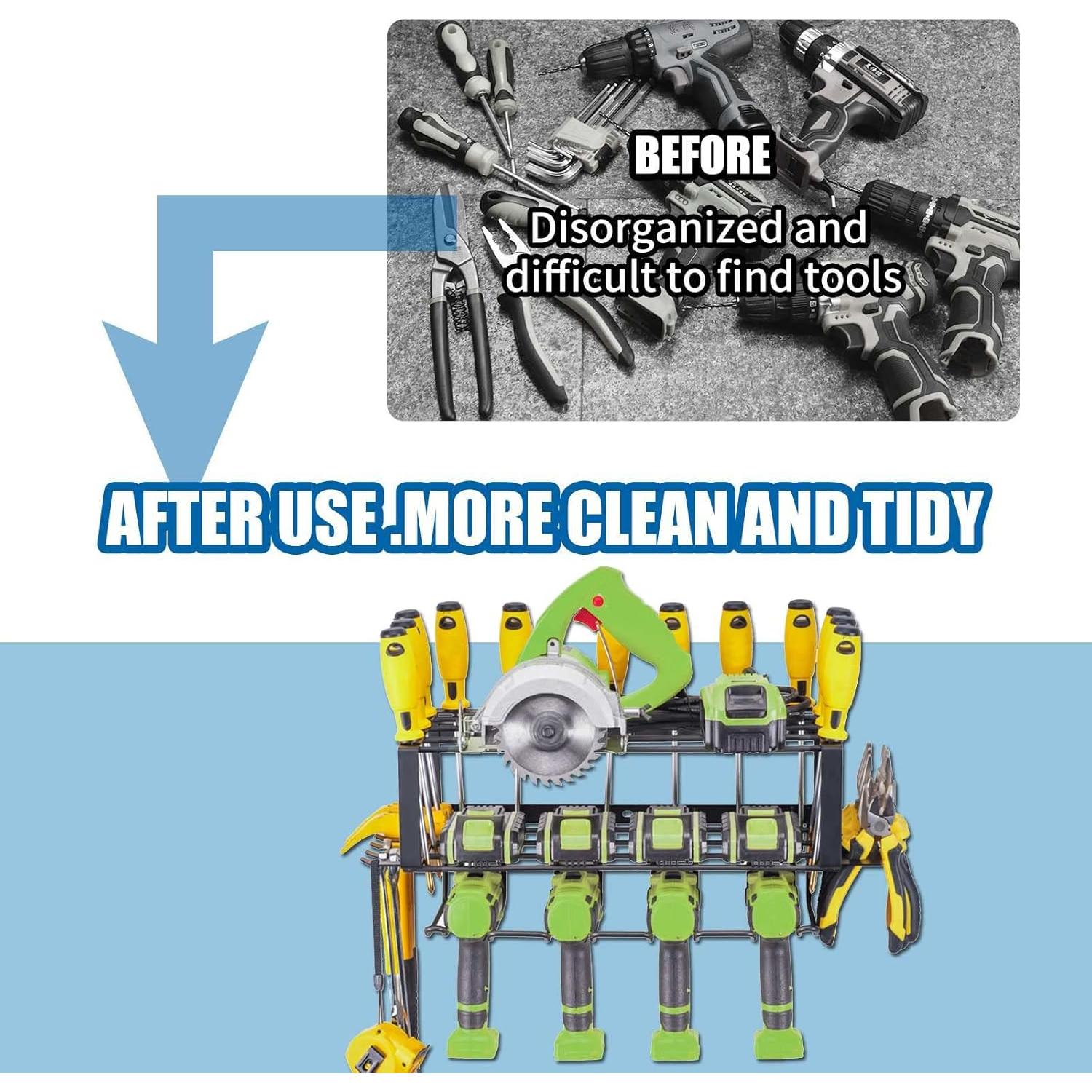 Power Tool Organizer - 4 Drill Holder Wall Mount, 3 Layer Metal Power Tool Storage Rack, Garage Tool Organizer and Storage with Screwdriver/Plier/Hammer Holder (3, 2 Racks+1 Shelf (Black)-2)