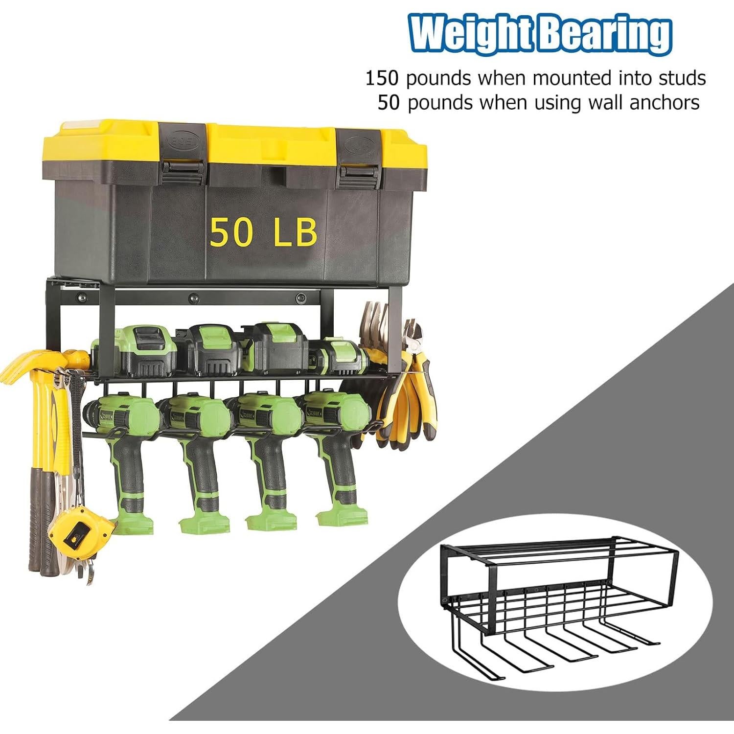 Power Tool Organizer - 4 Drill Holder Wall Mount, 3 Layer Metal Power Tool Storage Rack, Garage Tool Organizer and Storage with Screwdriver/Plier/Hammer Holder (3, 2 Racks+1 Shelf (Black)-2)