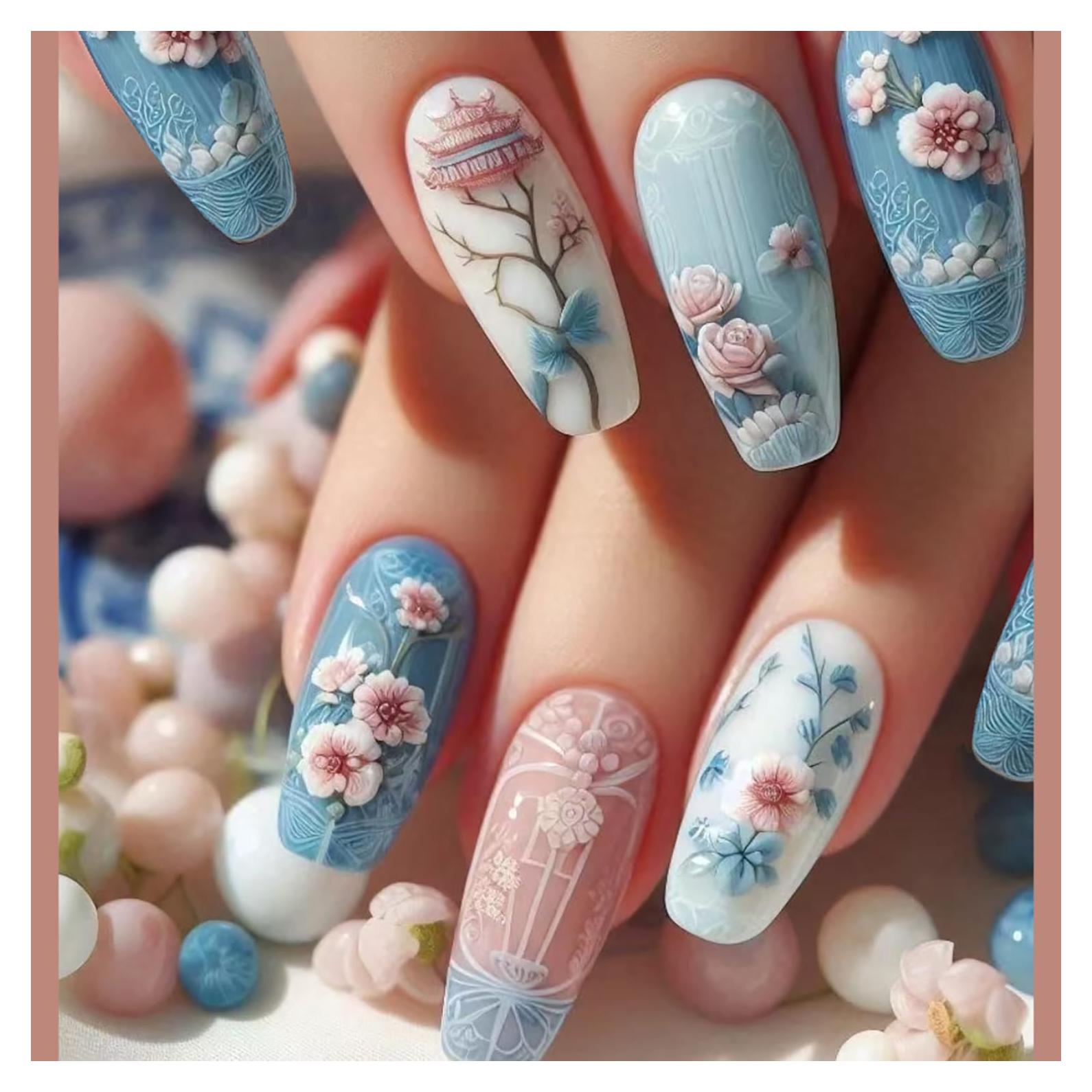 Uñas Postizas Acrílicas Medianas TBRZTR Diseño Floral