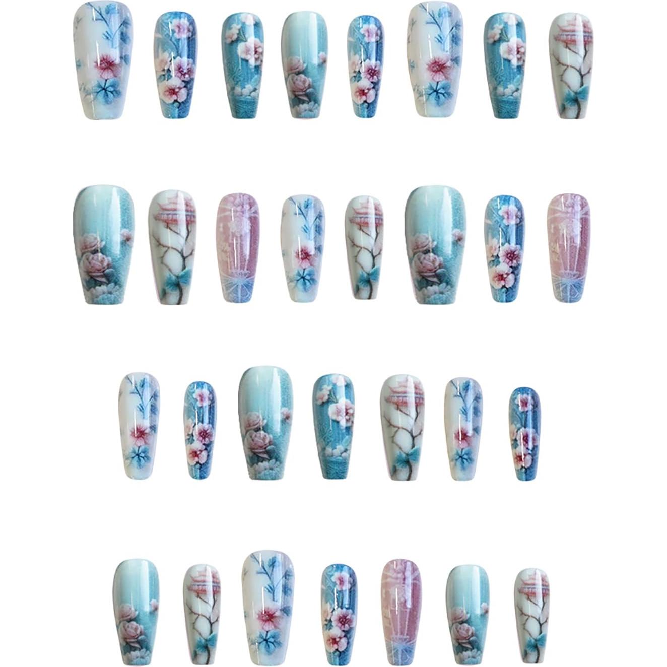 Uñas Postizas Acrílicas Medianas TBRZTR Diseño Floral